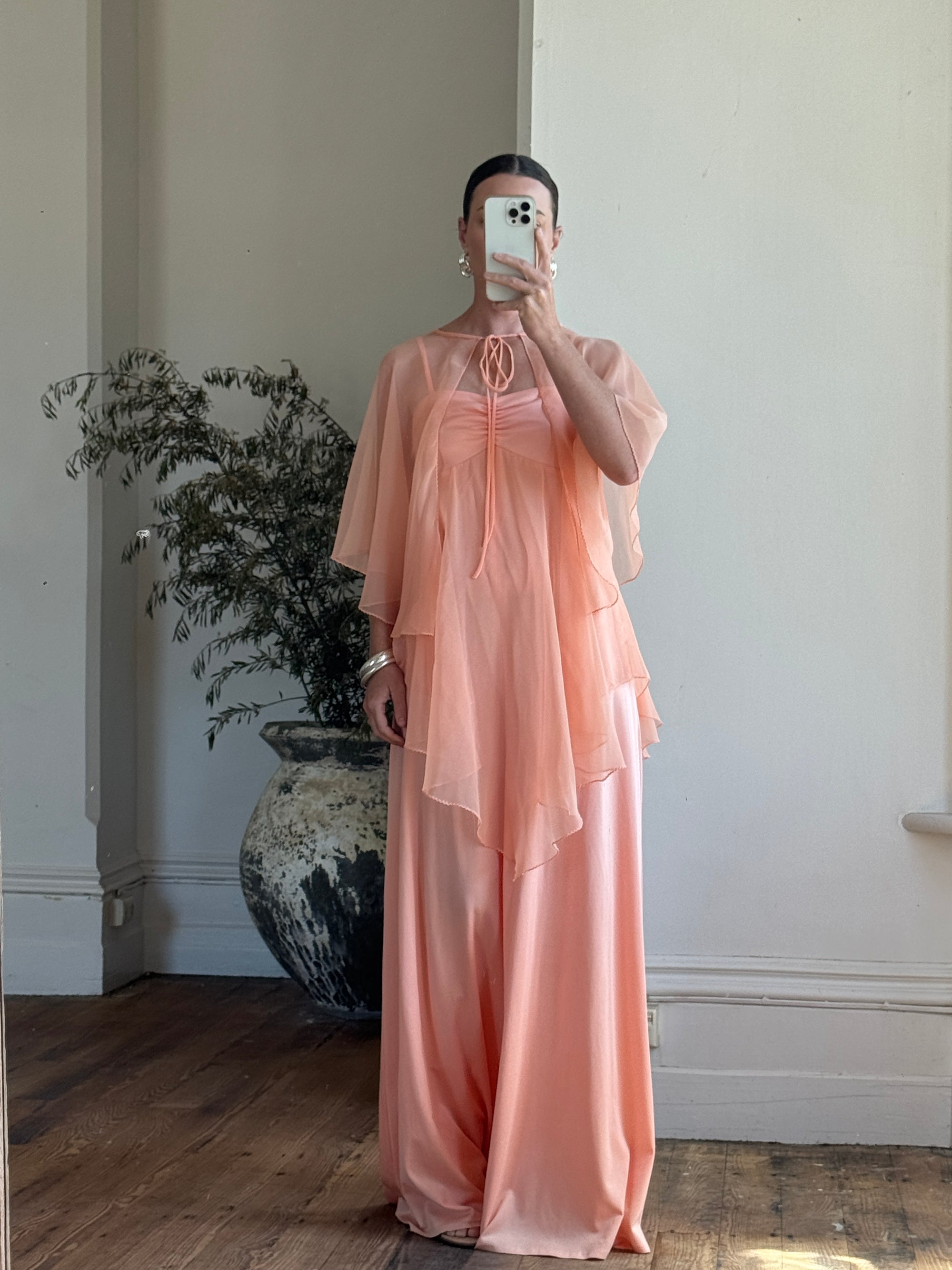Vintage 70s Apricot Maxi Dress with Sheer Cape