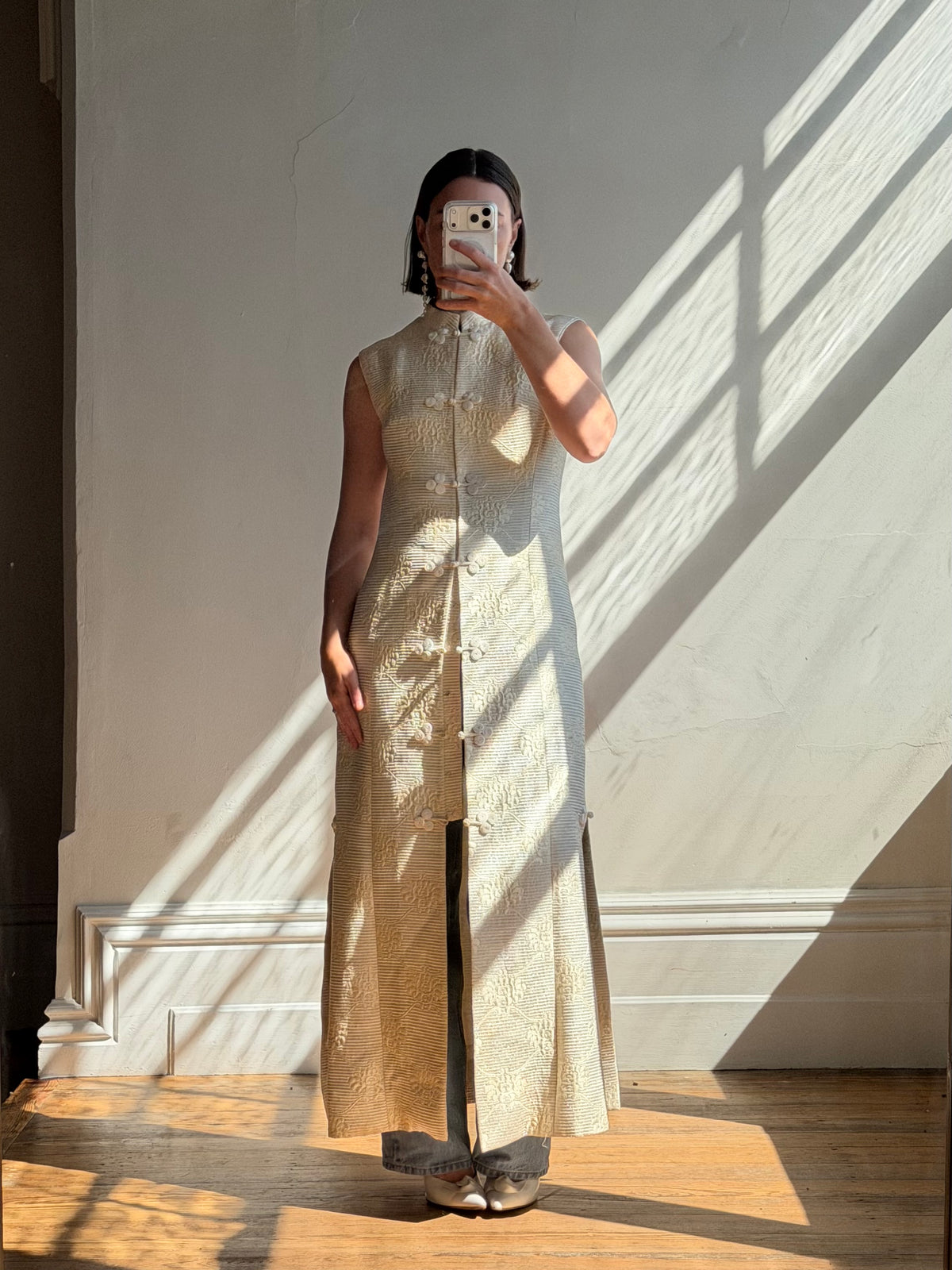 Vintage 60s Brocade Longline Qipao Cream