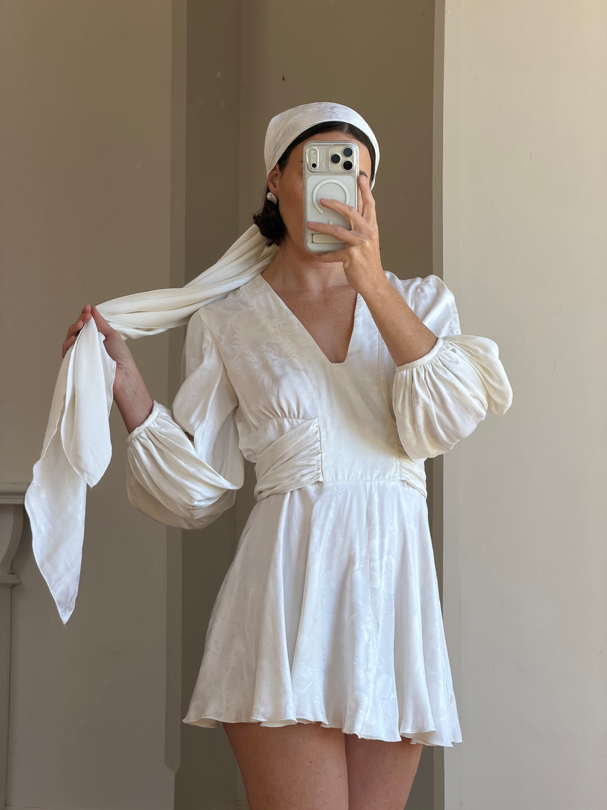 Vintage 70s Satin Jacquard Poet Sleeve Mini Dress