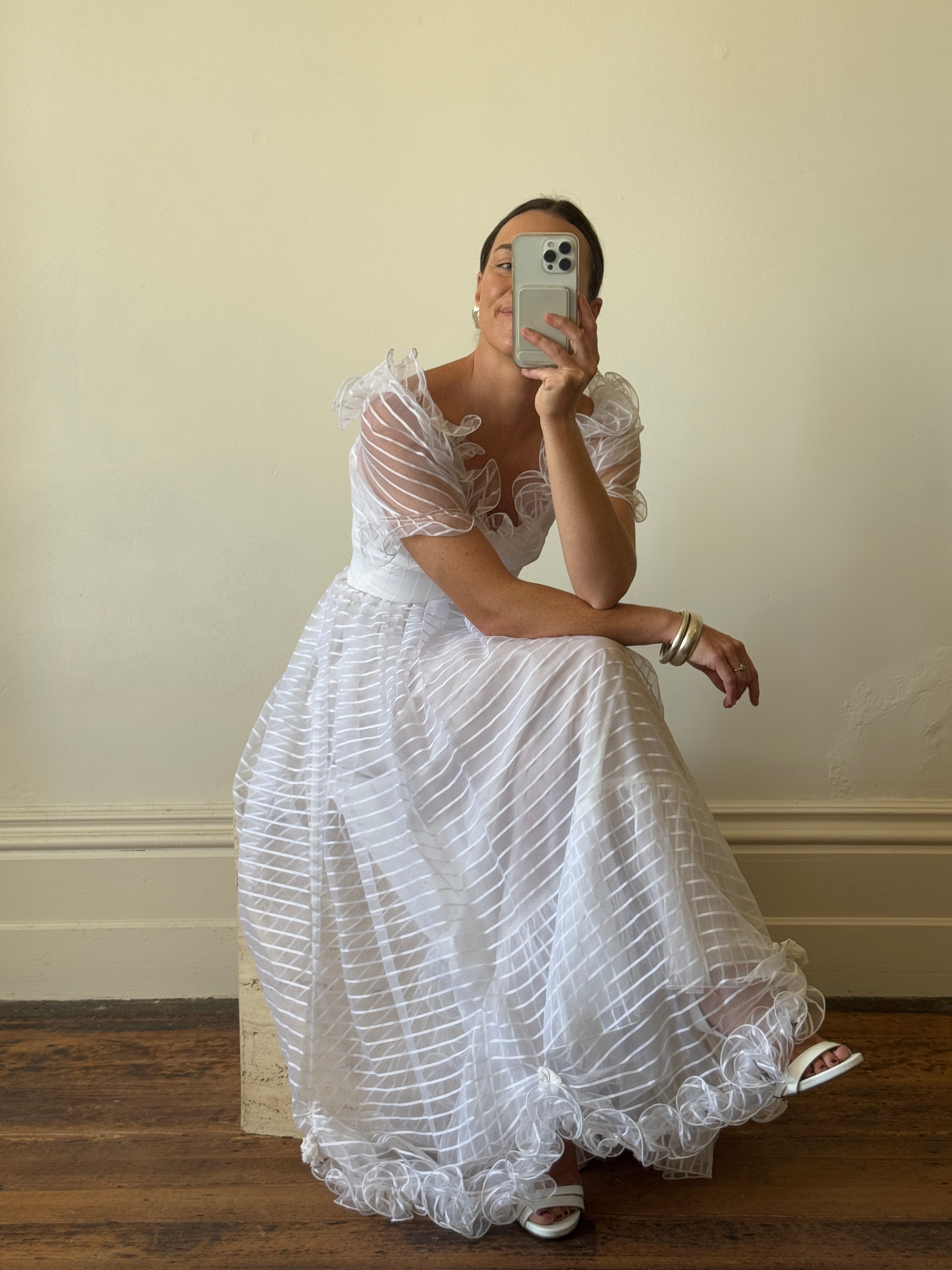 Vintage 70s Organza Sheer Stripe Wedding Dress