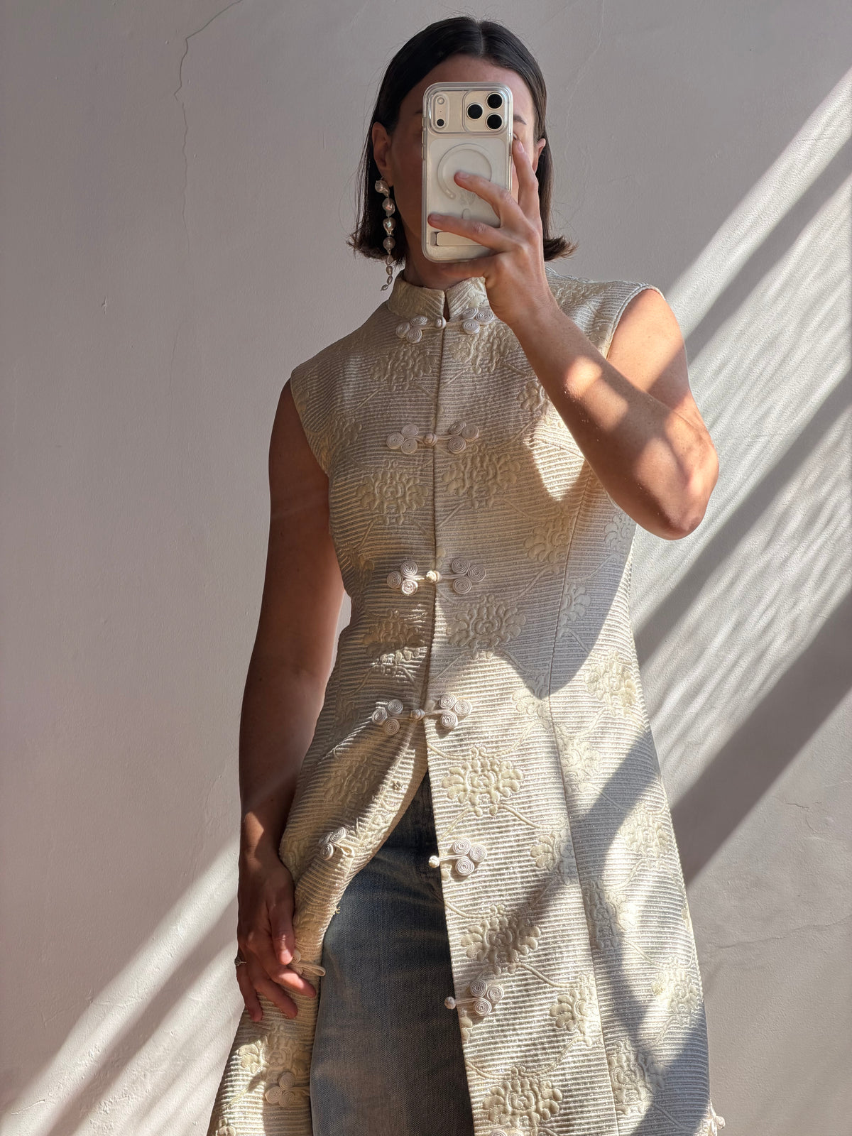 Vintage 60s Brocade Longline Qipao Cream