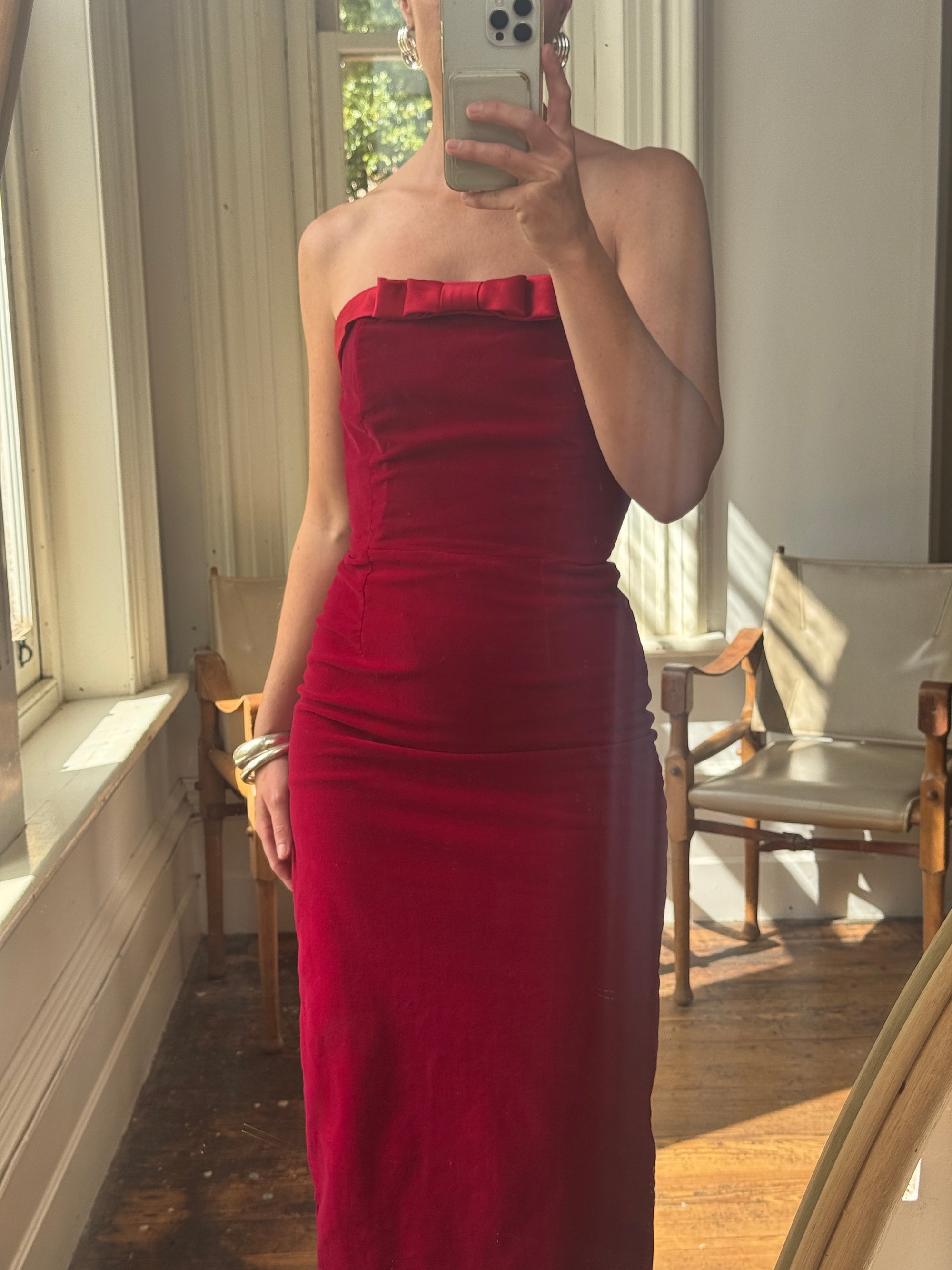 Vintage 90s Red Velvet Strapless Midi Dress with Bow