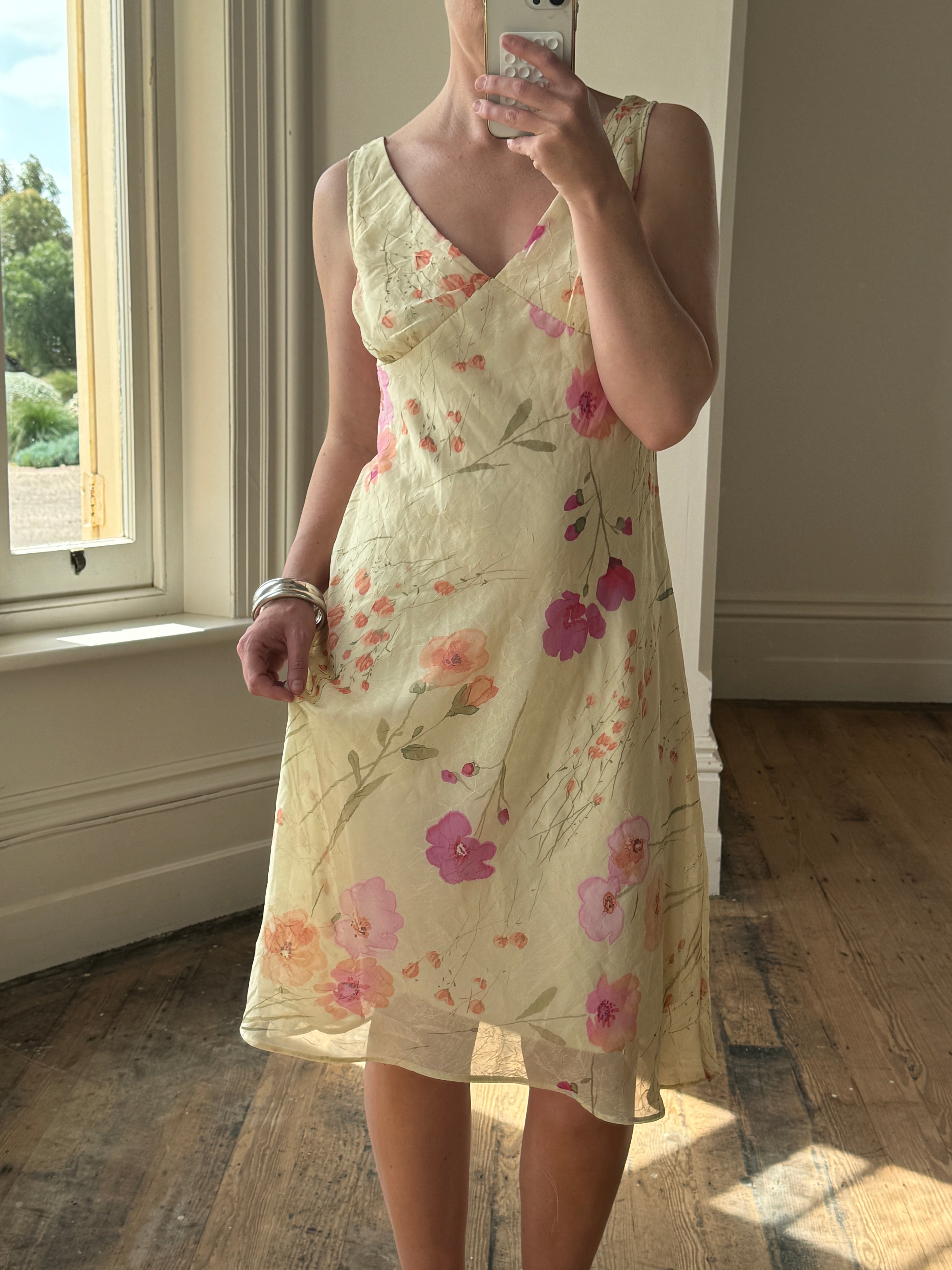 Vintage 90s Butter Yellow Floral Crinkle Sundress