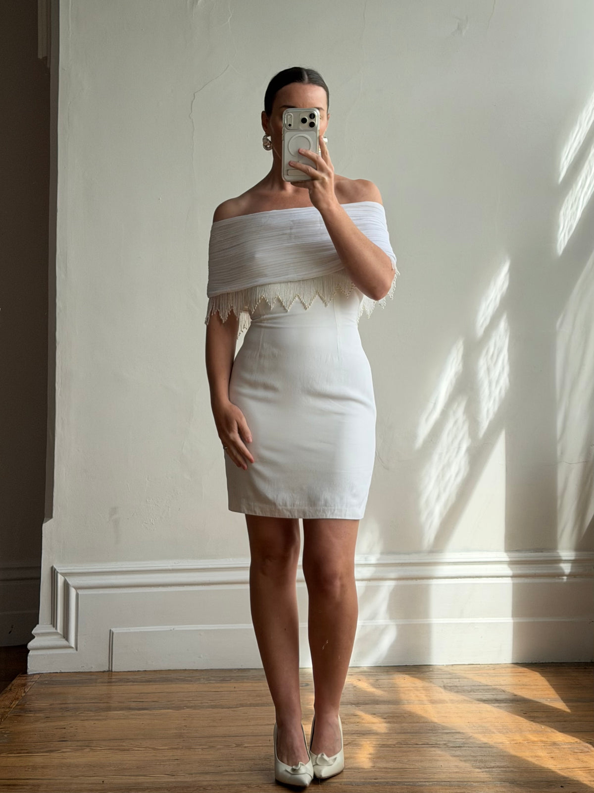 Vintage 90s White Pleated Beaded Fringe Mini Dress