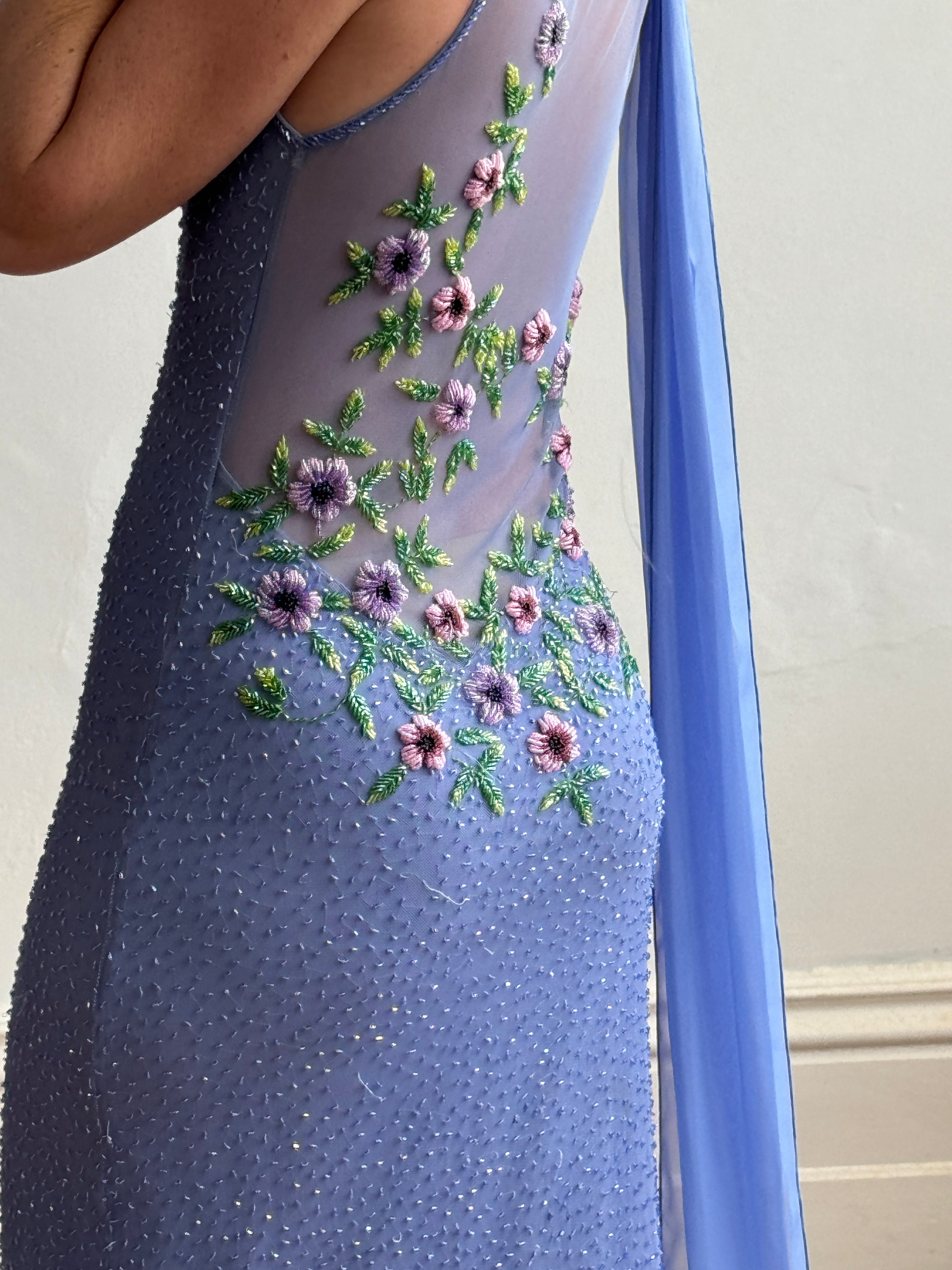 Vintage 90s Cornflour Blue Beaded Evening Gown With Scarf