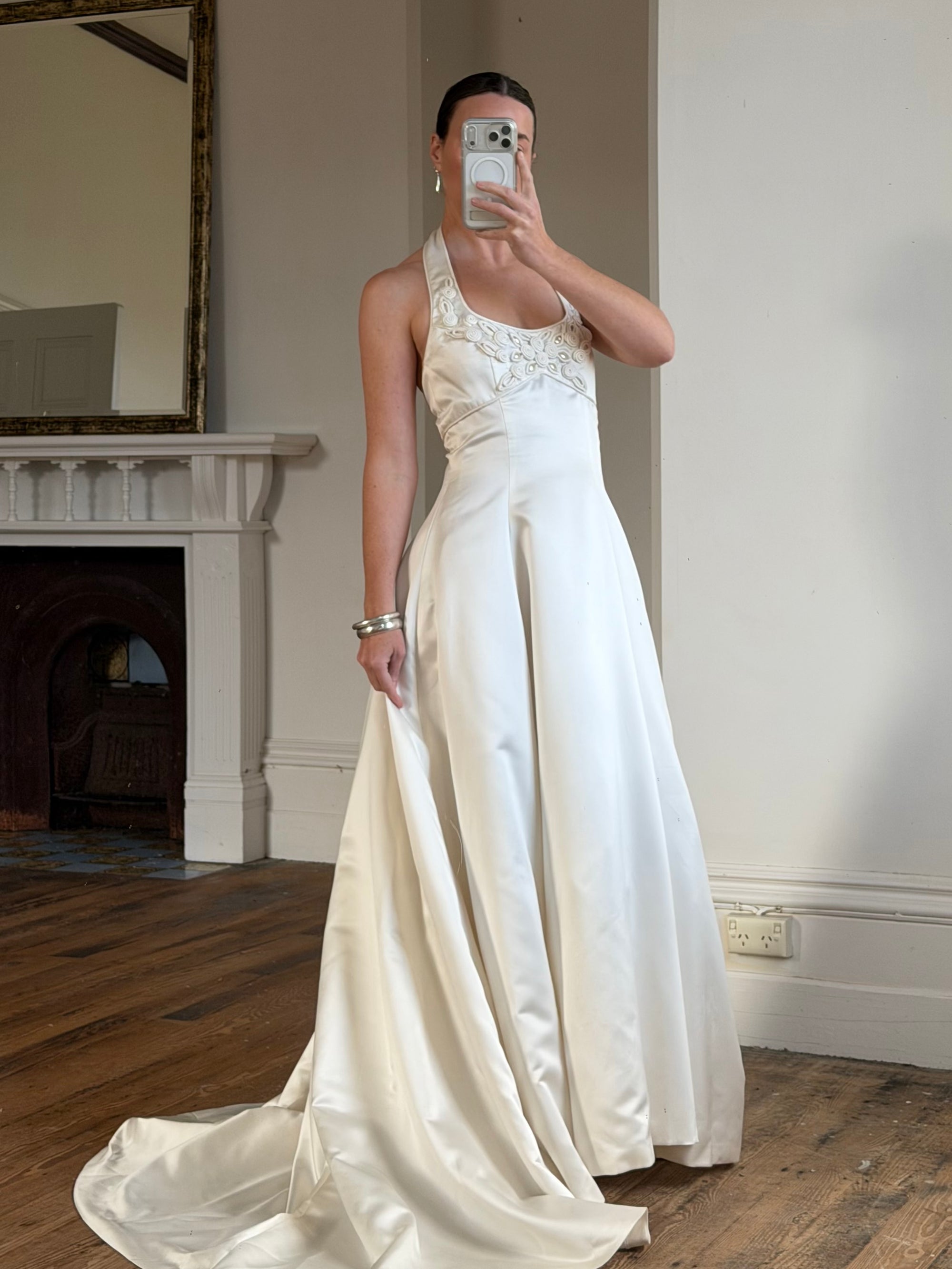 Vintage 90s Ivory Beaded Halter Bridal Ballgown