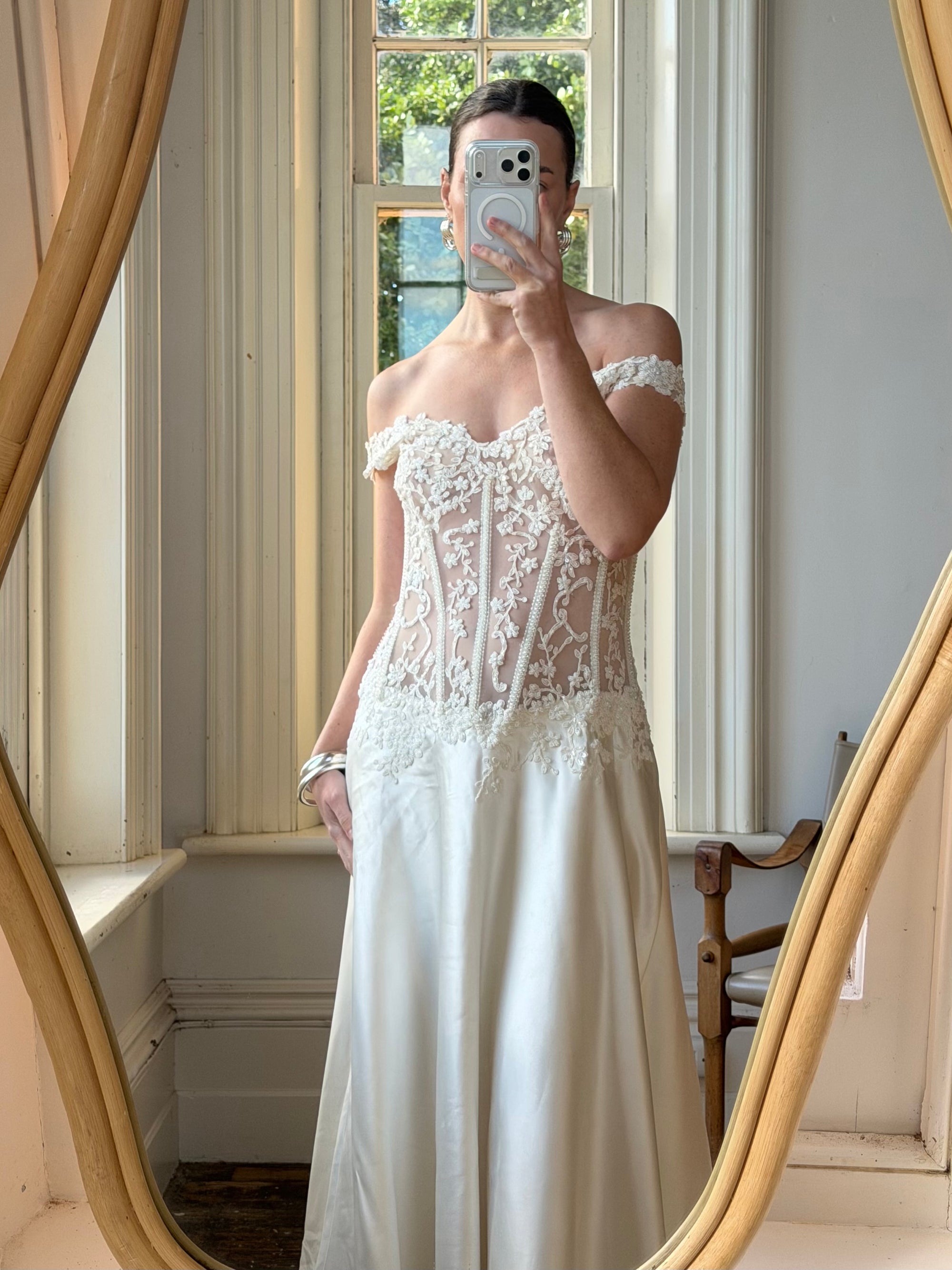 Vintage 90s Italian Naked Embroidered Satin Wedding Dress