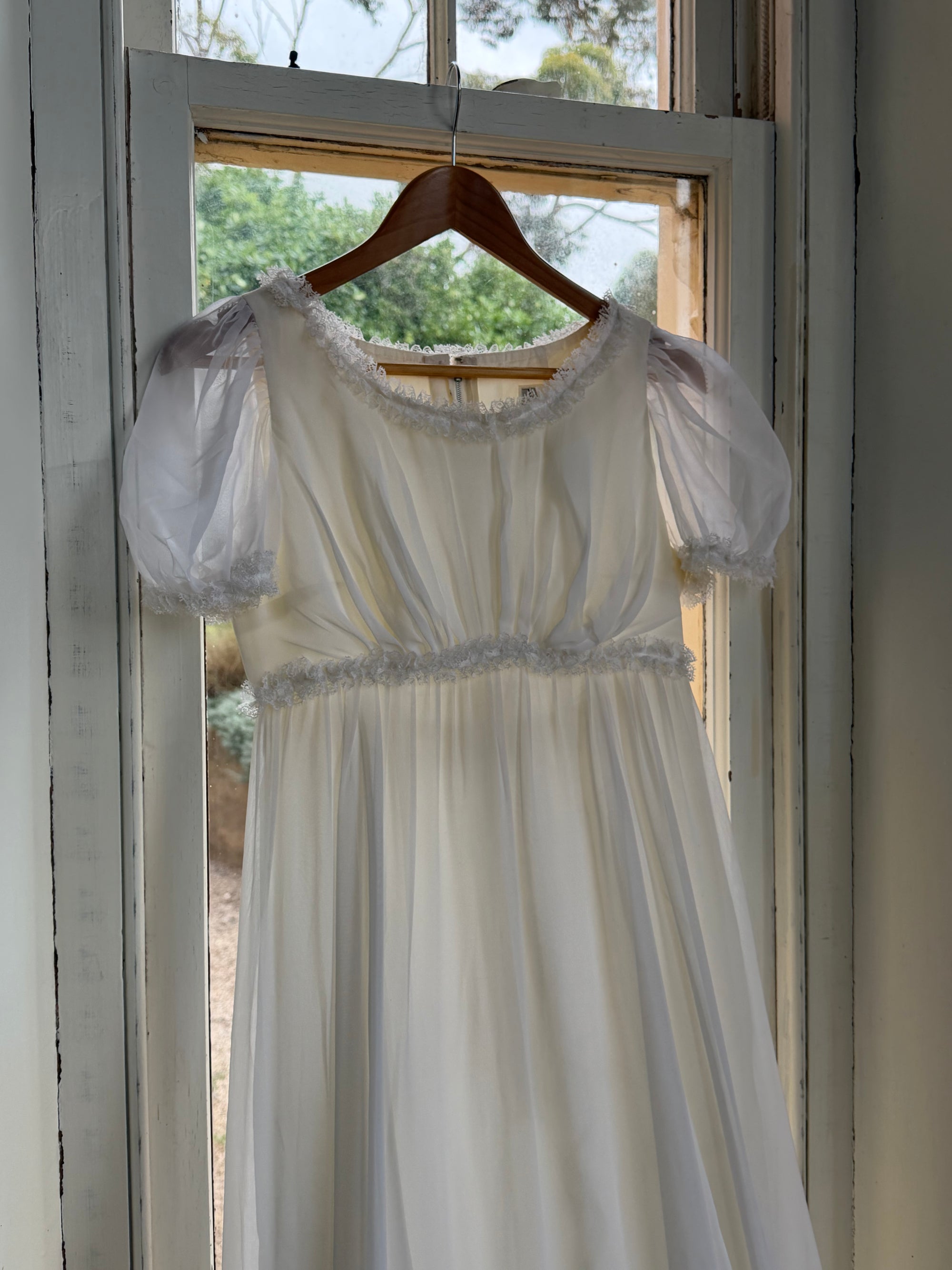 Vintage 70s White Chiffon Smocked Puff Sleeve Wedding Dress