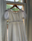 Vintage 70s White Chiffon Smocked Puff Sleeve Wedding Dress