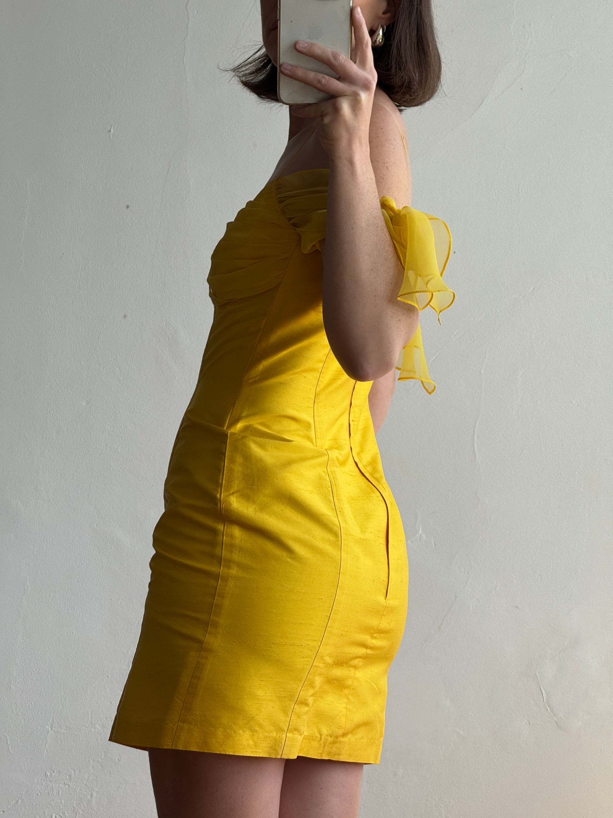 Vintage 90s Pure Silk Mini Dress Sunshine Yellow