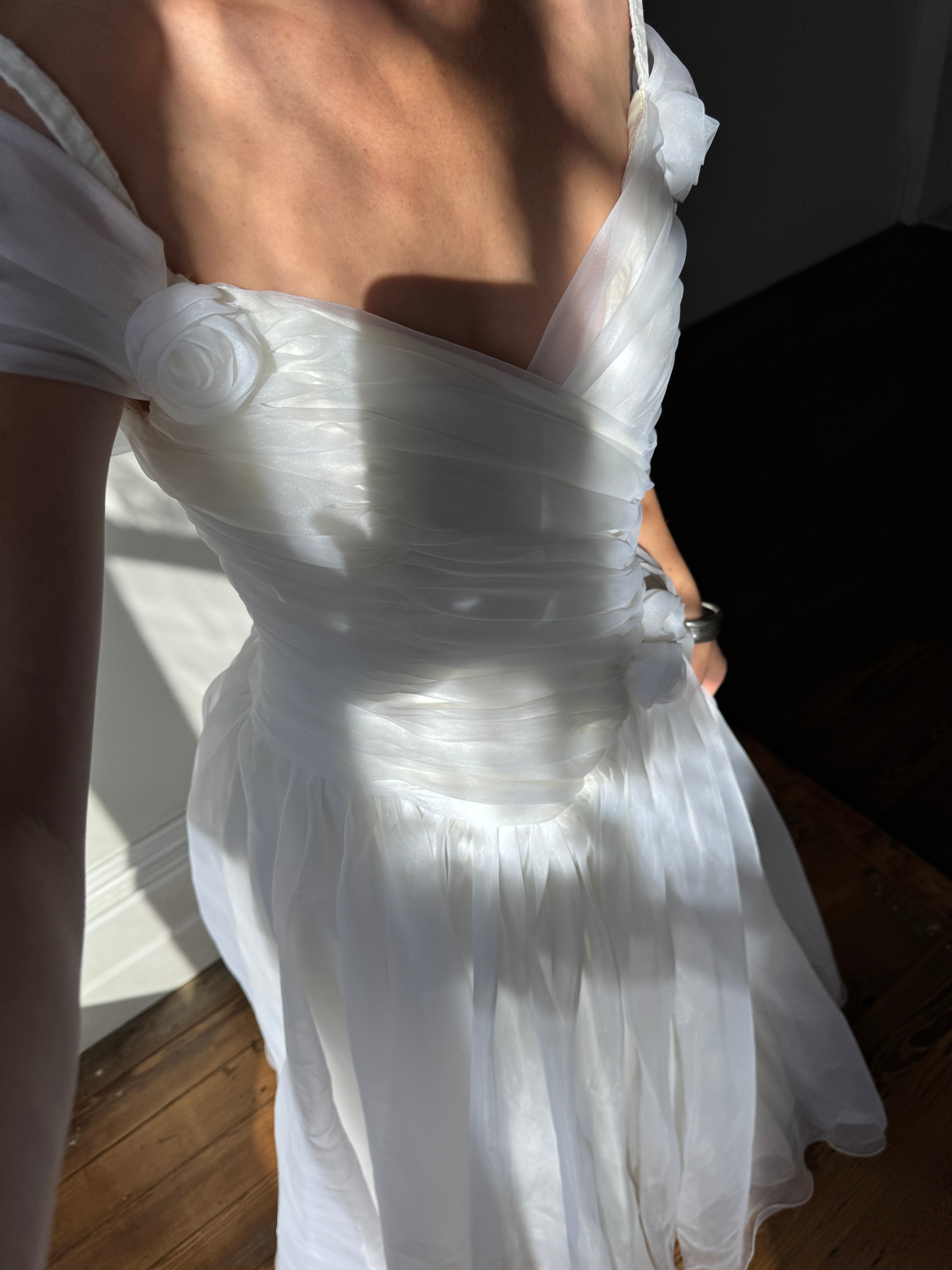Vintage 80s Chiffon Rosette Off Shoulder Wedding Dress