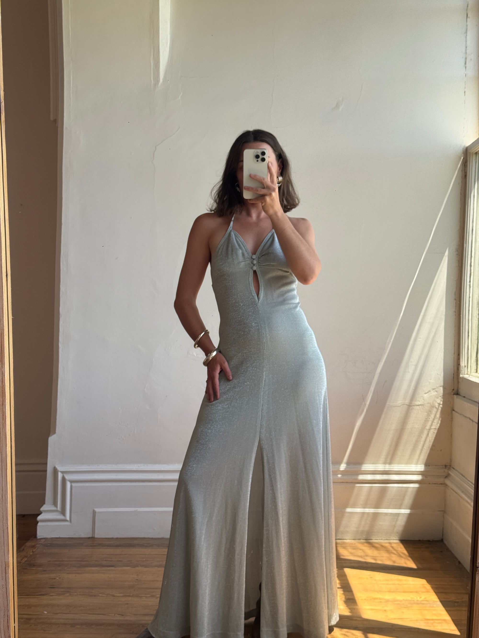 Vintage 70s Lurex Ice Blue Halter Maxi Dress