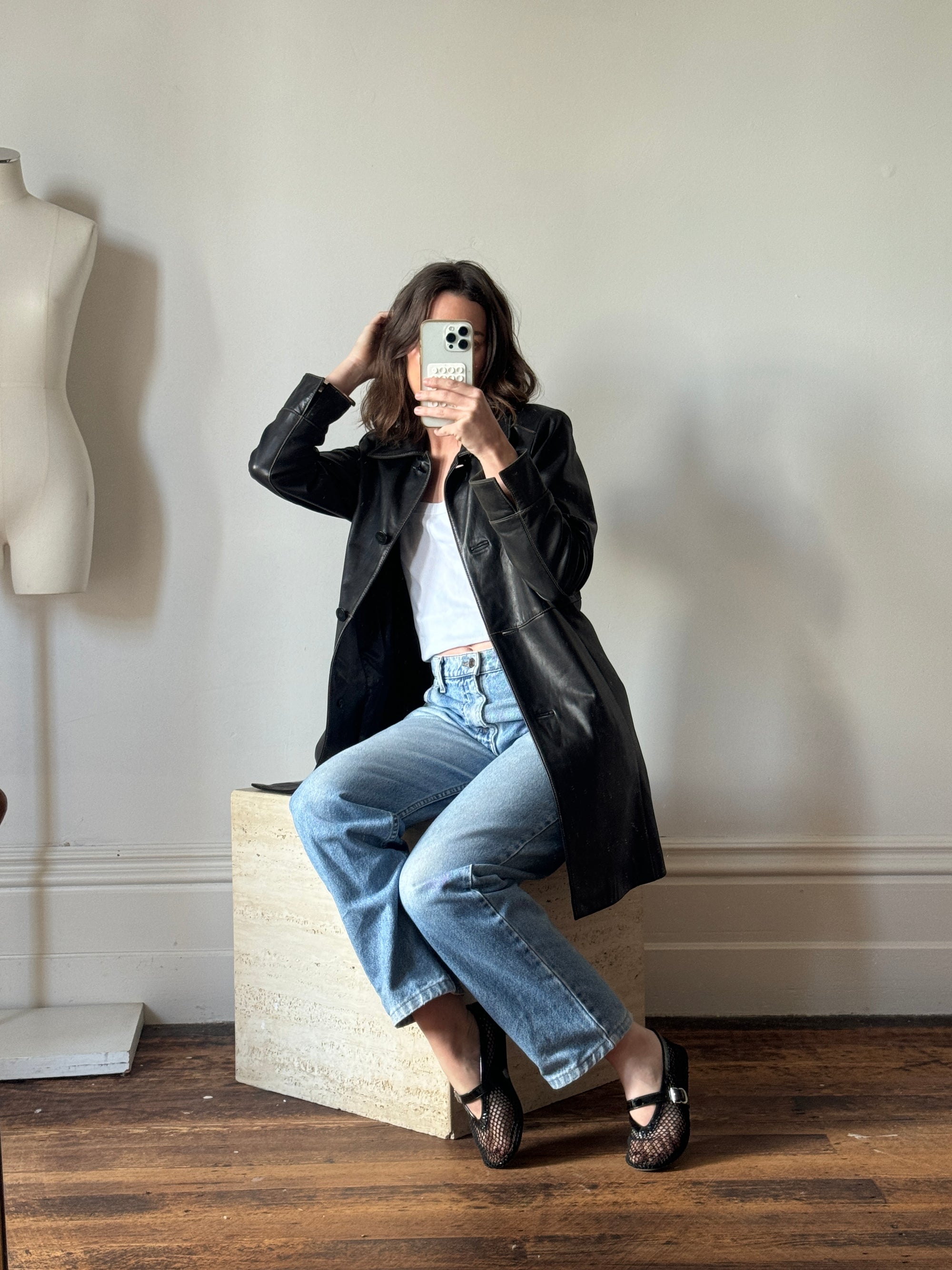 Vintage Leather Contrast Stitch Panelled Trench
