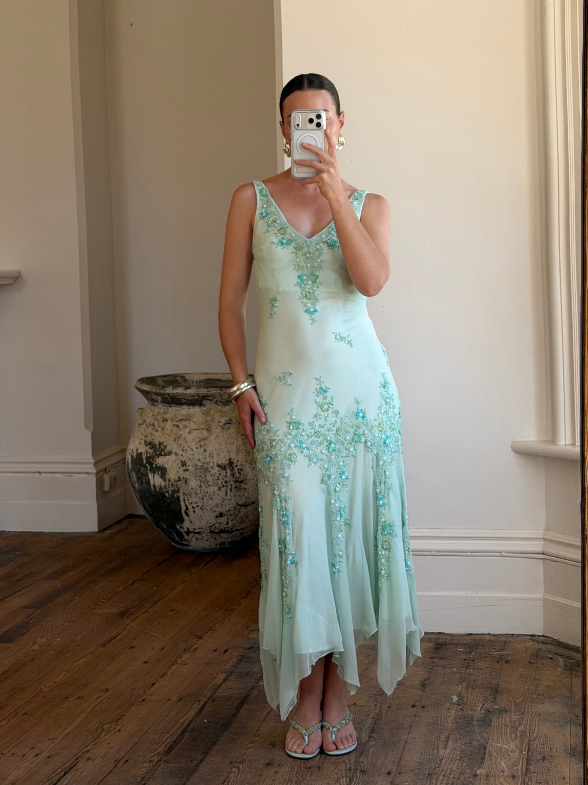 Vintage 90s Pure Silk Aquamarine Fairy Beaded Dress