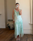 Vintage 90s Pure Silk Aquamarine Fairy Beaded Dress