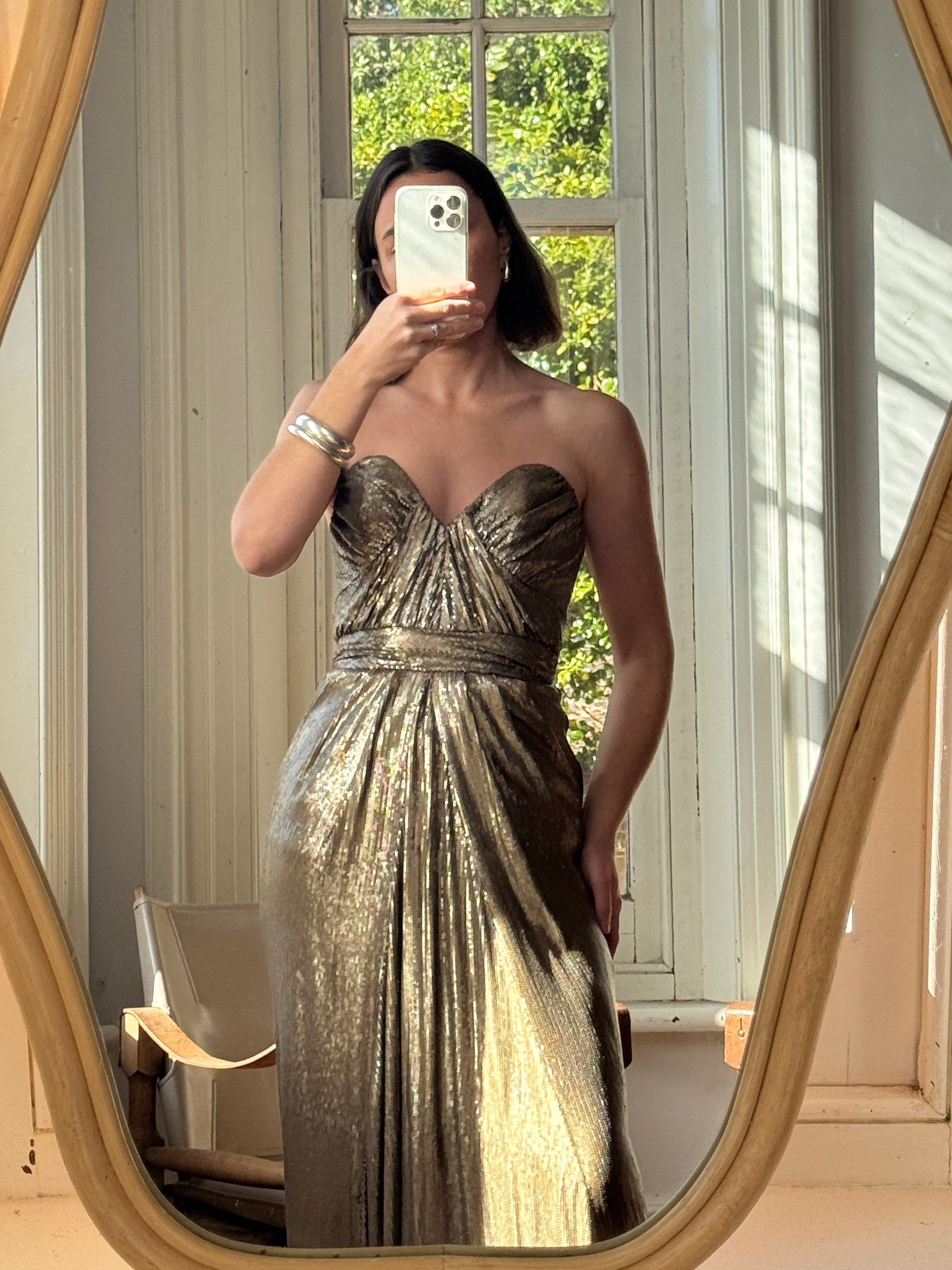 Vintage Y2K Plunging Golden Sequin Prom Dress