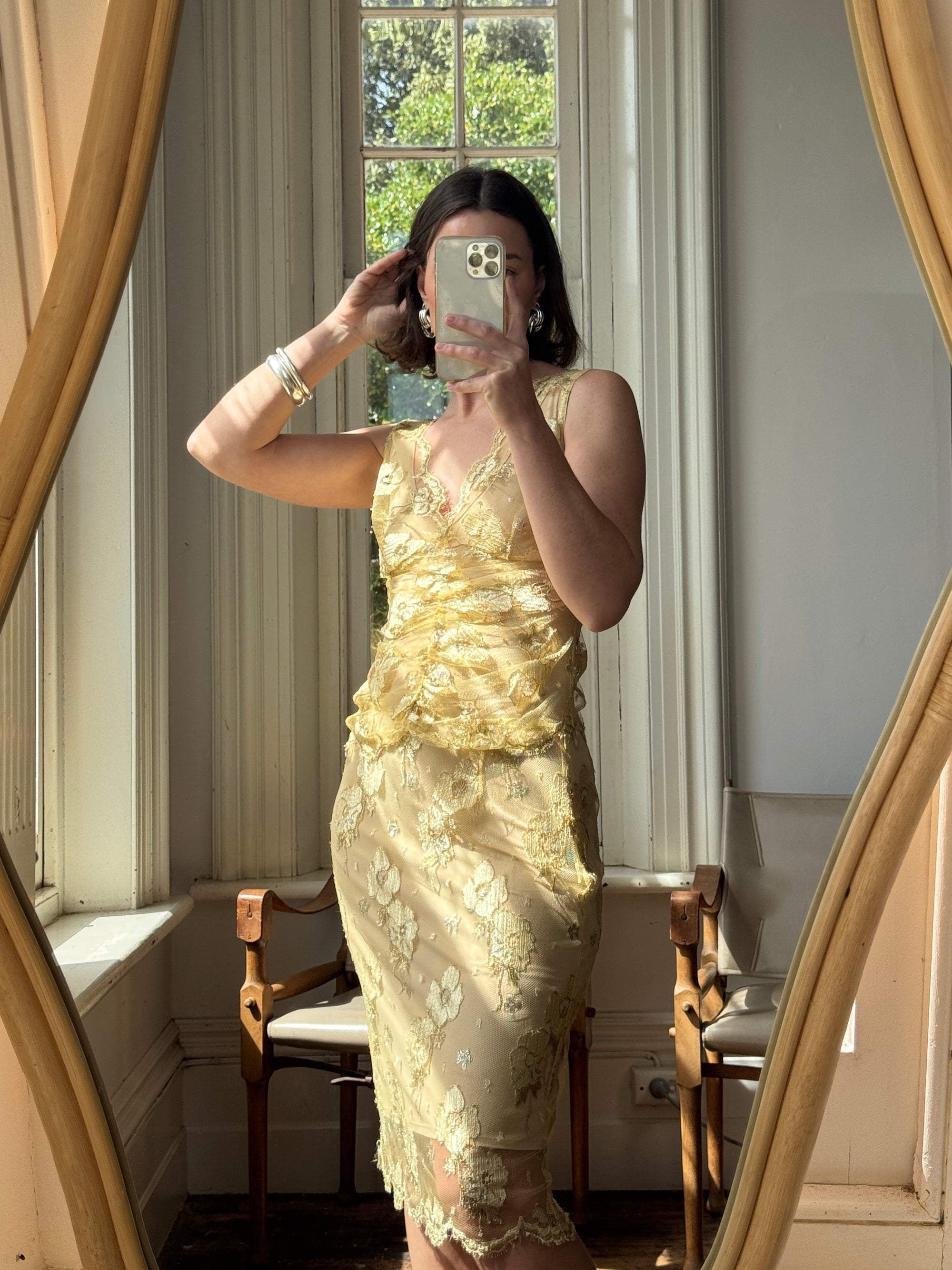 Vintage 2002 Collette Dinnigan Gold Foil Floral Two Piece Set