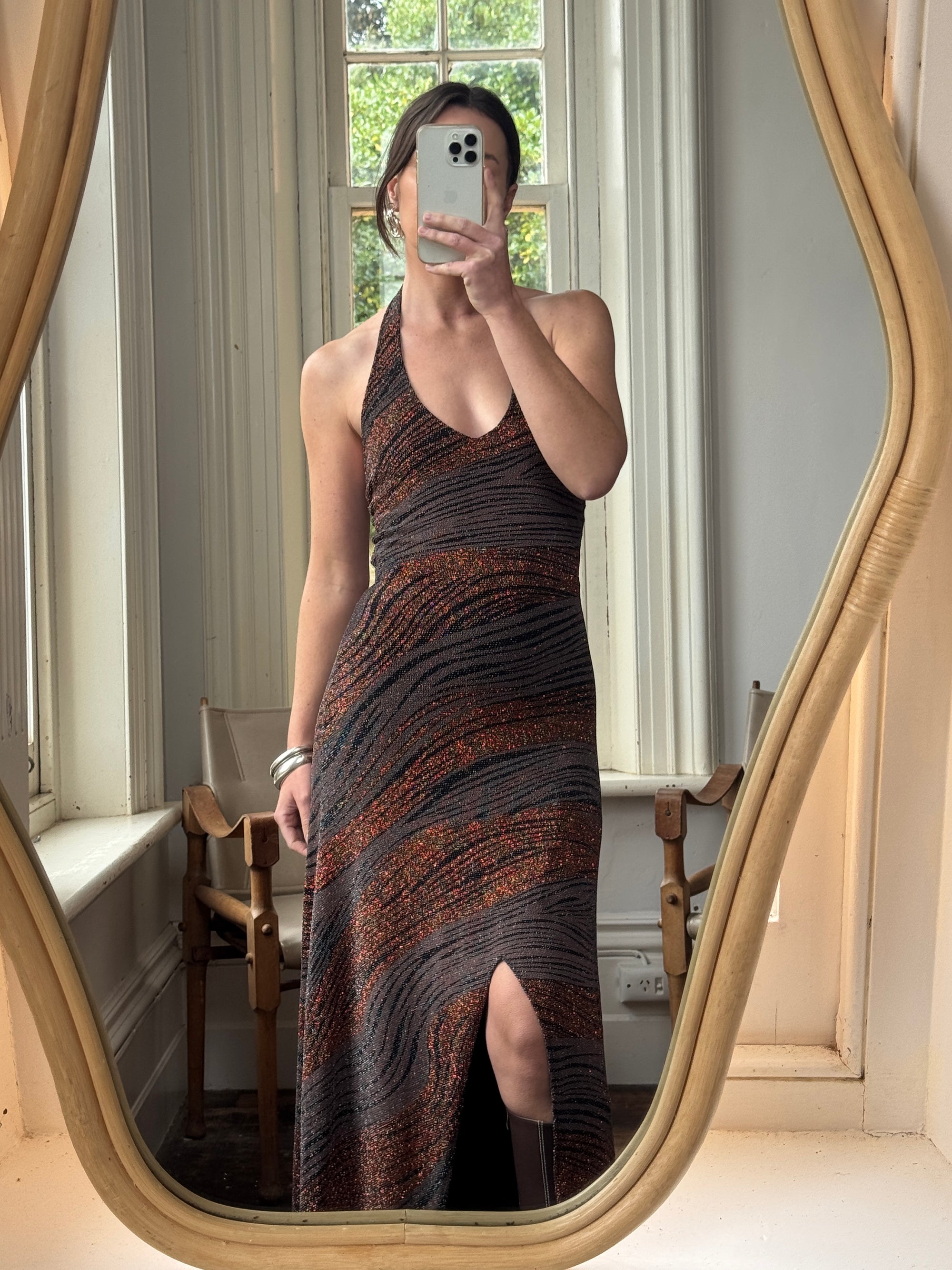 Vintage 90s Bodycon Bronze Lurex Halter Dress