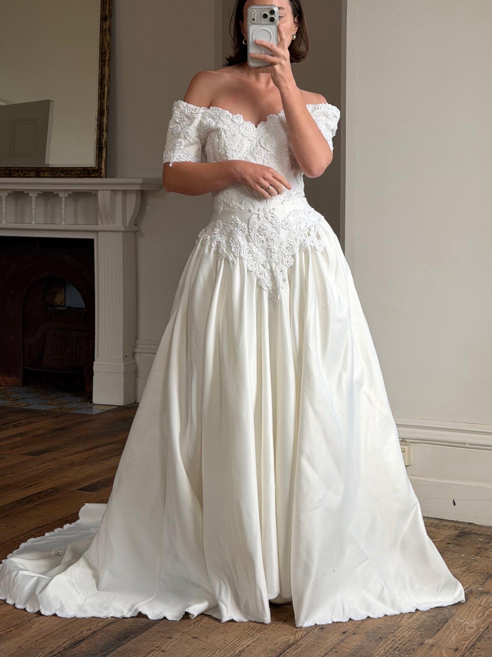 Vintage 90s Embellished Off Shoulder Satin Wedding Gown