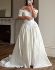 Vintage 90s Embellished Off Shoulder Satin Wedding Gown