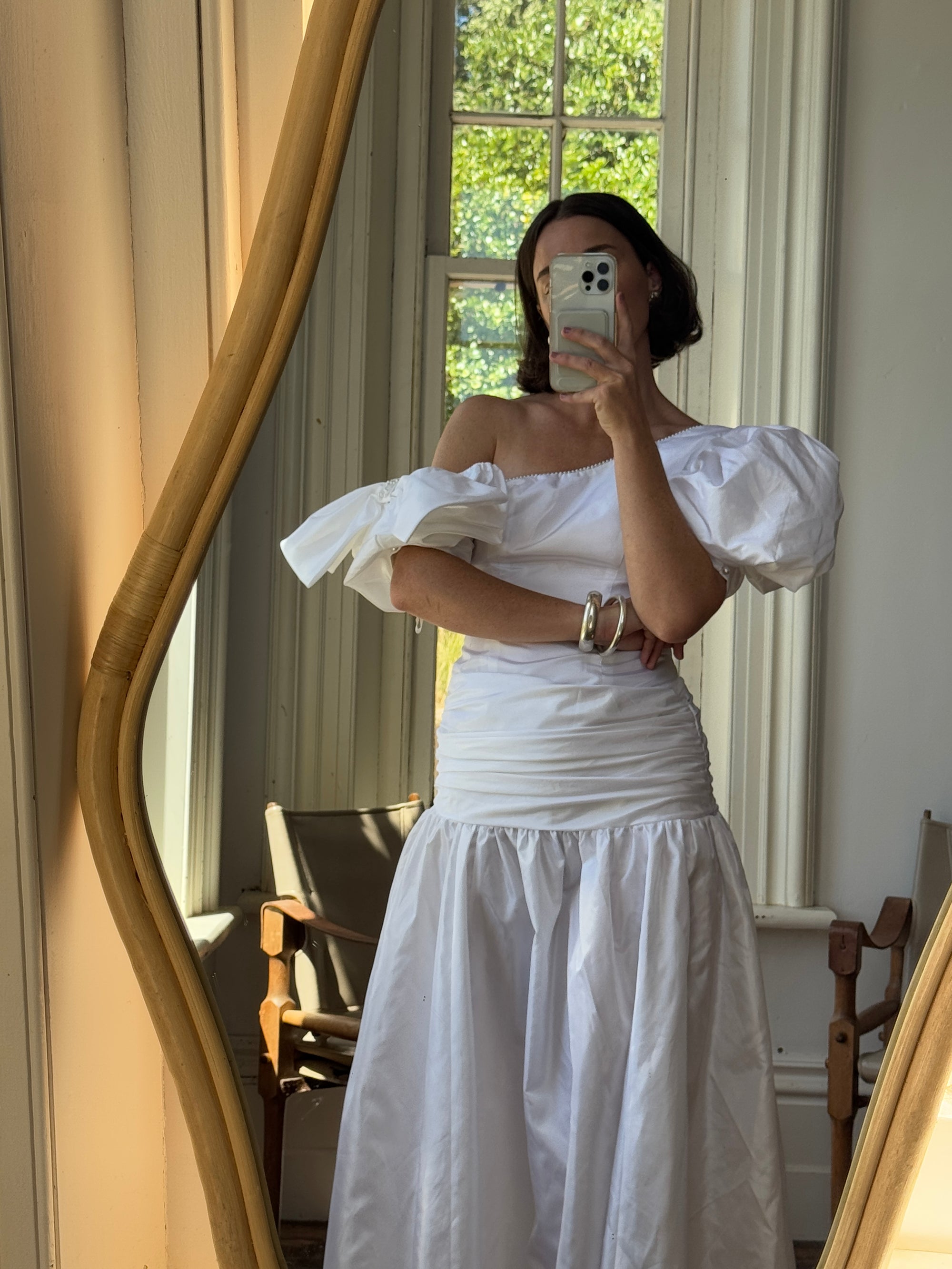 Vintage 80s Asymmetrical Taffeta Drop Waist Wedding Dress