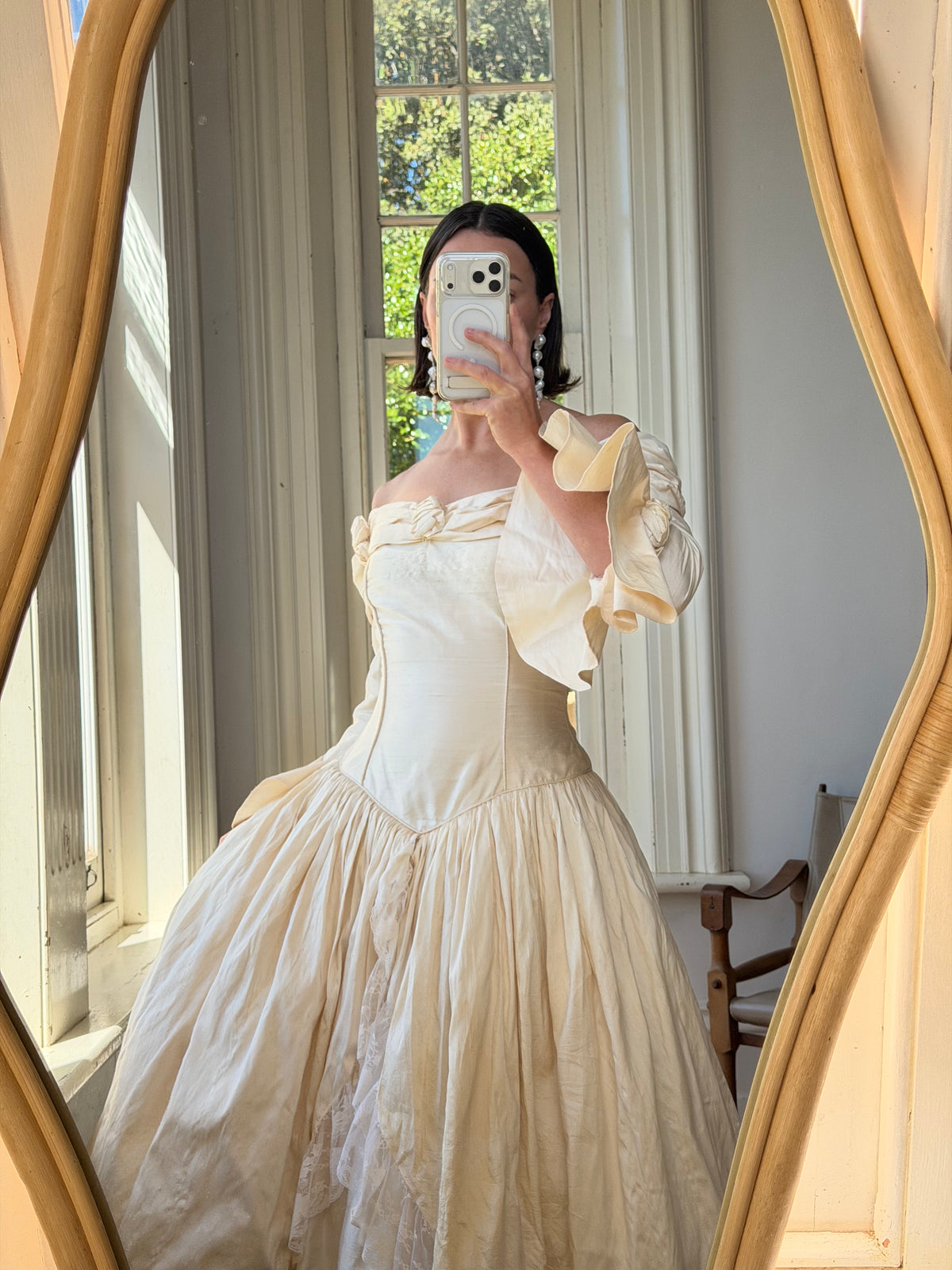 Vintage 90s Silk Dupion Off Shoulder Rosette Bridal Ballgown