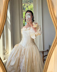 Vintage 90s Silk Dupion Off Shoulder Rosette Bridal Ballgown