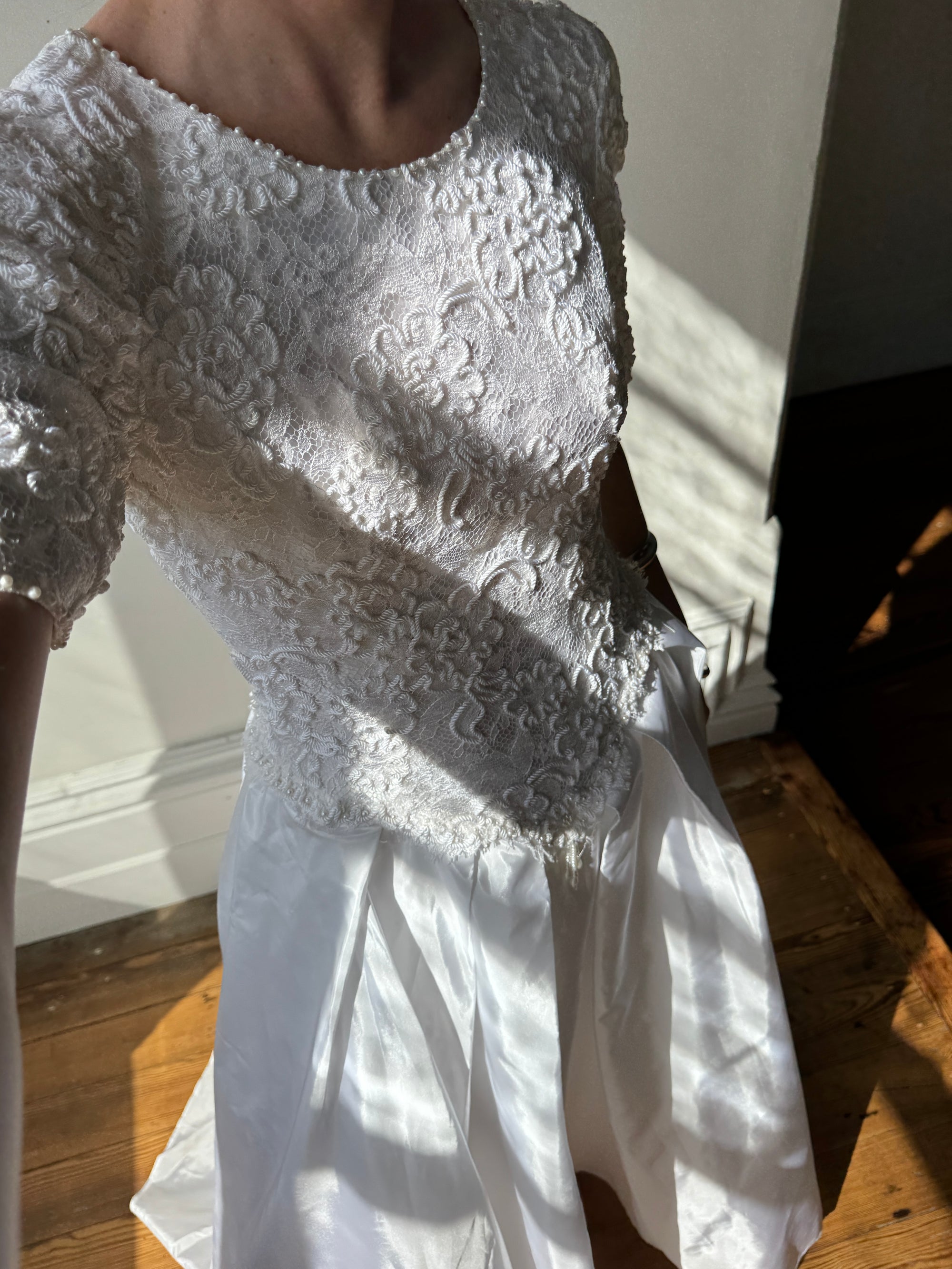 Vintage 80s Rope Embroidered Taffeta Wedding Gown