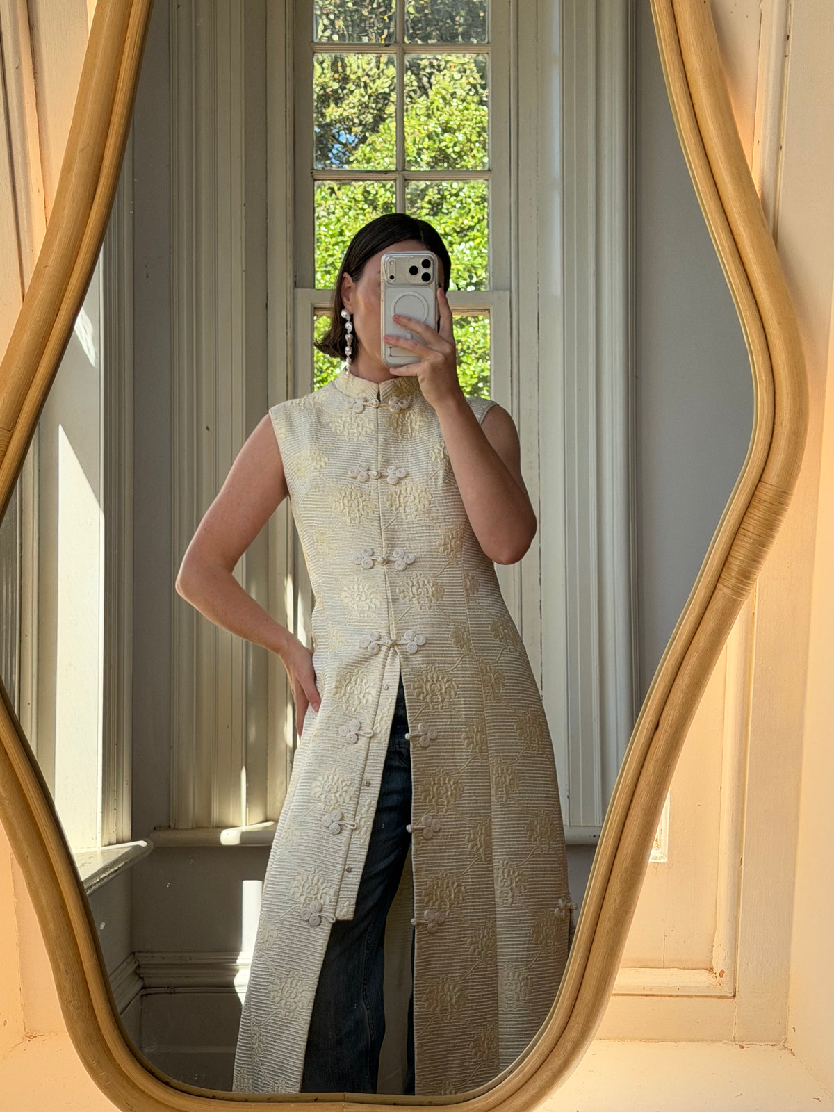 Vintage 60s Brocade Longline Qipao Cream