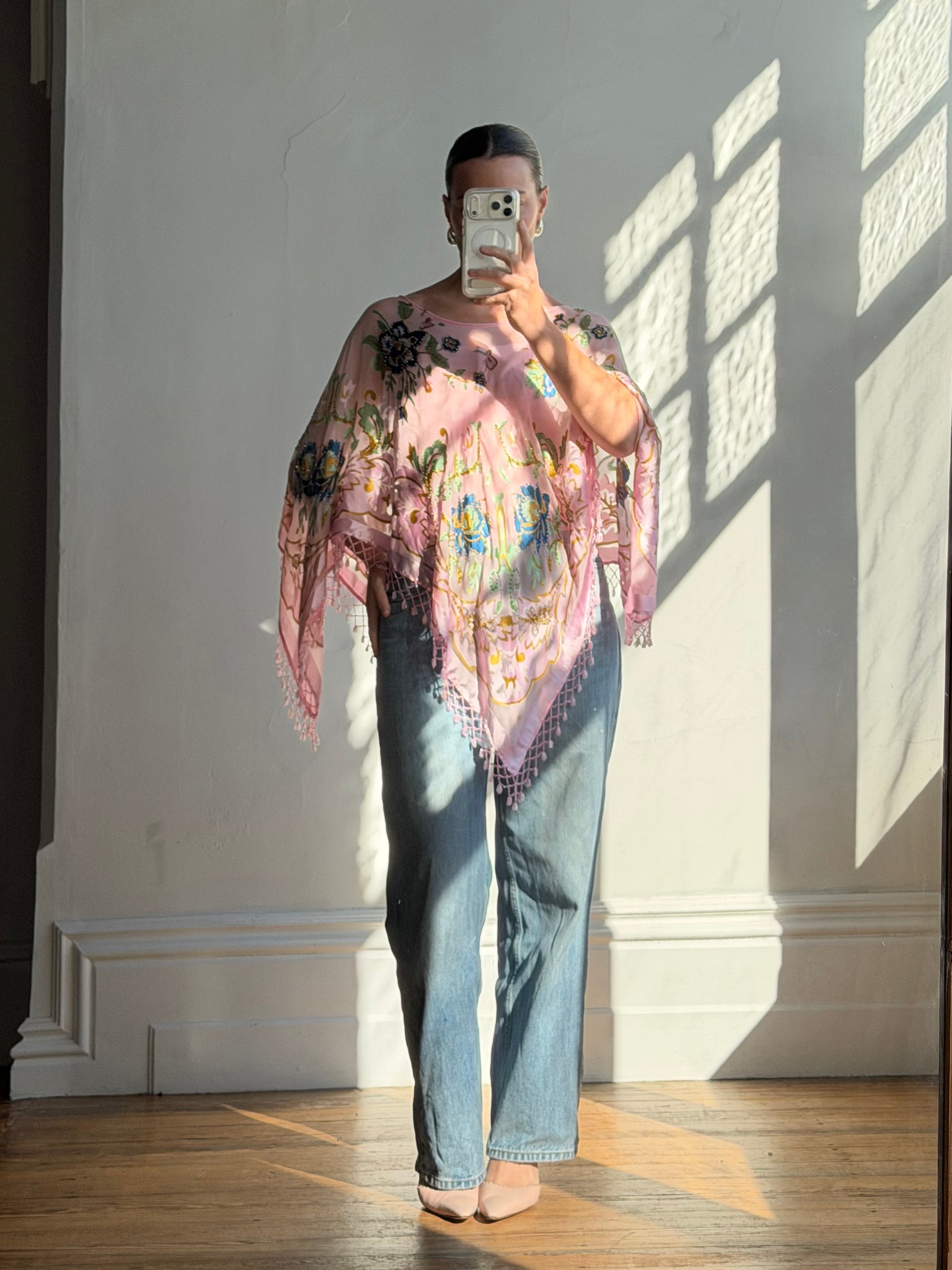 Vintage 90s Pink Floral Beaded Fringe Poncho
