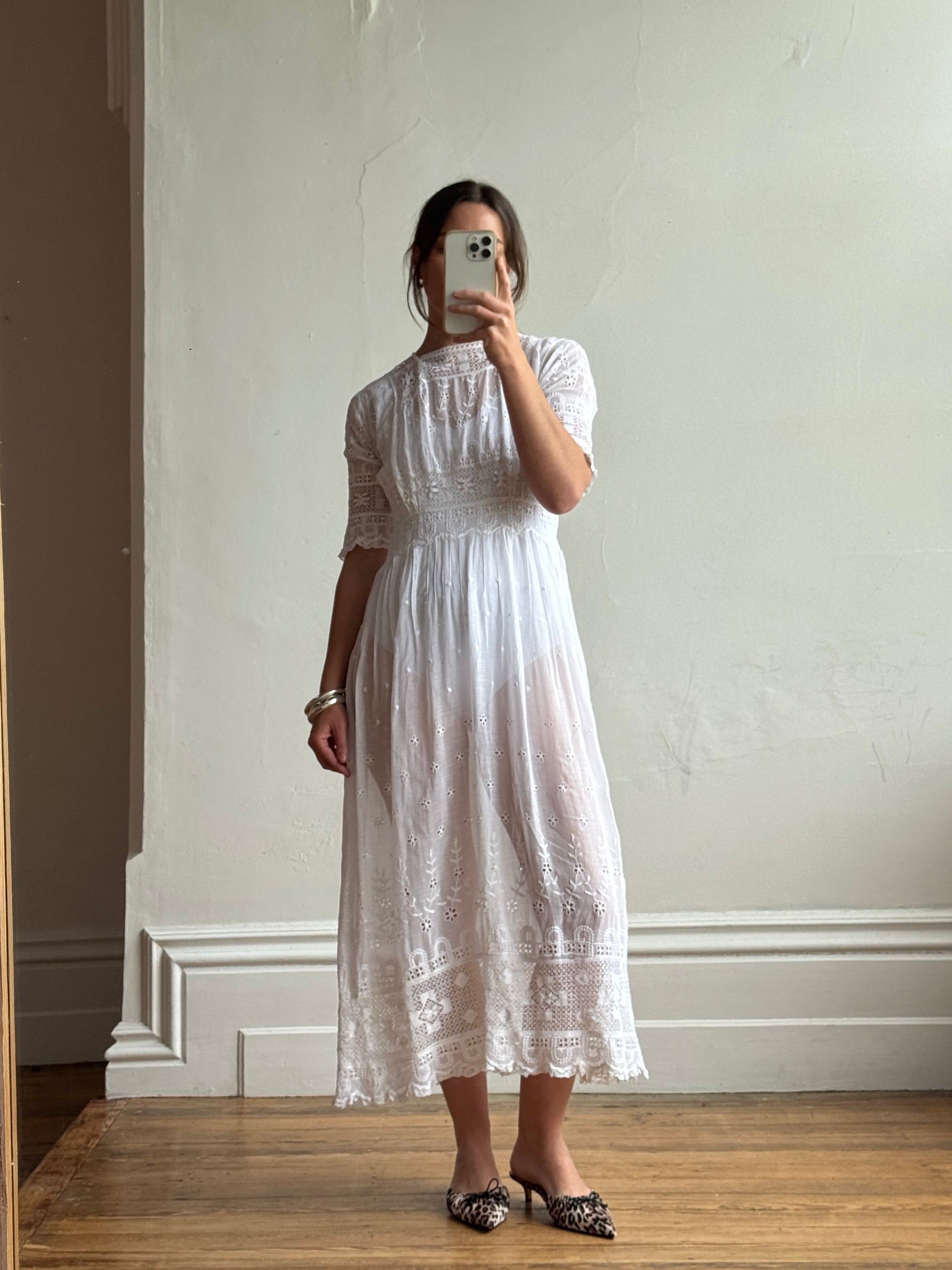 Antique Edwardian Lace Tea Soiree Dress Short Sleeve