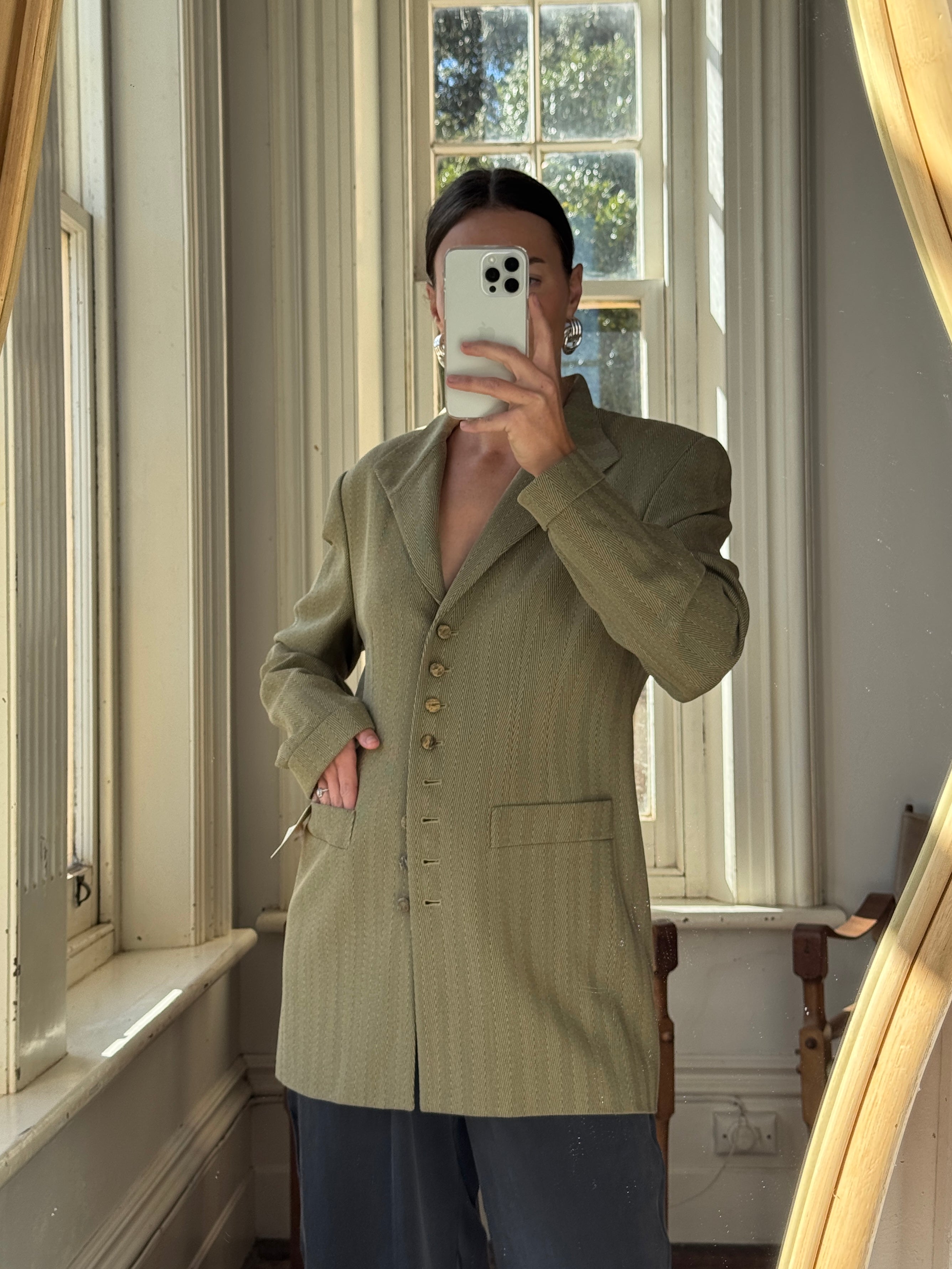Vintage 90s Estate Olive Herringbone Wool Tailored Blazer