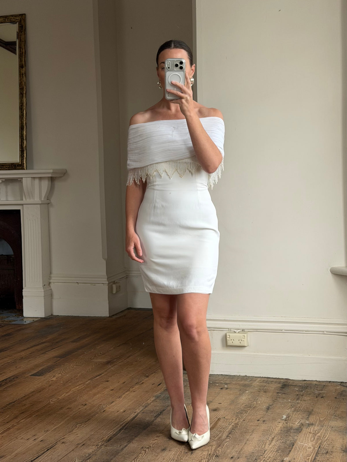 Vintage 90s White Pleated Beaded Fringe Mini Dress