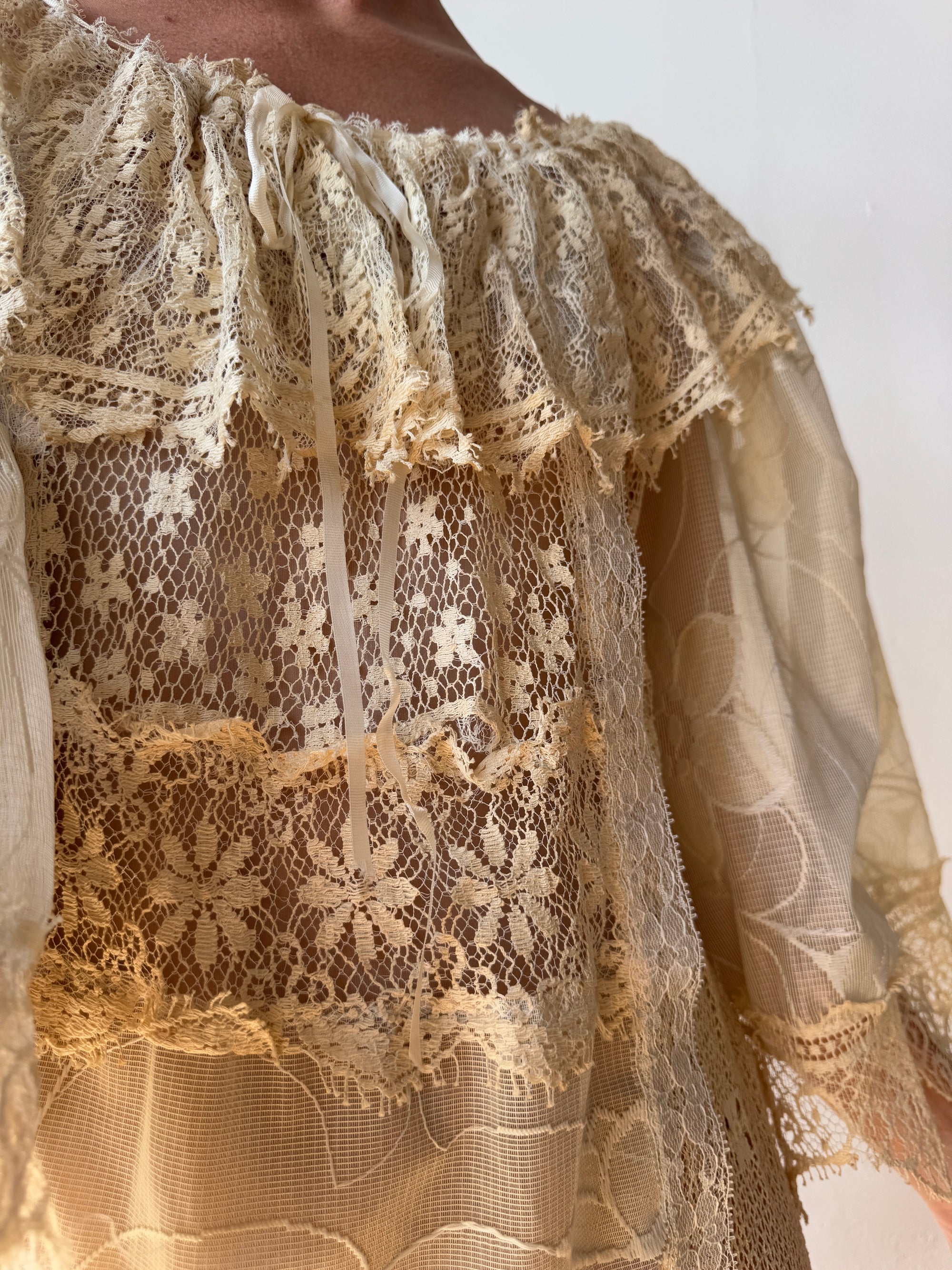 Vintage 70s Patchwork Lace Gown Creme
