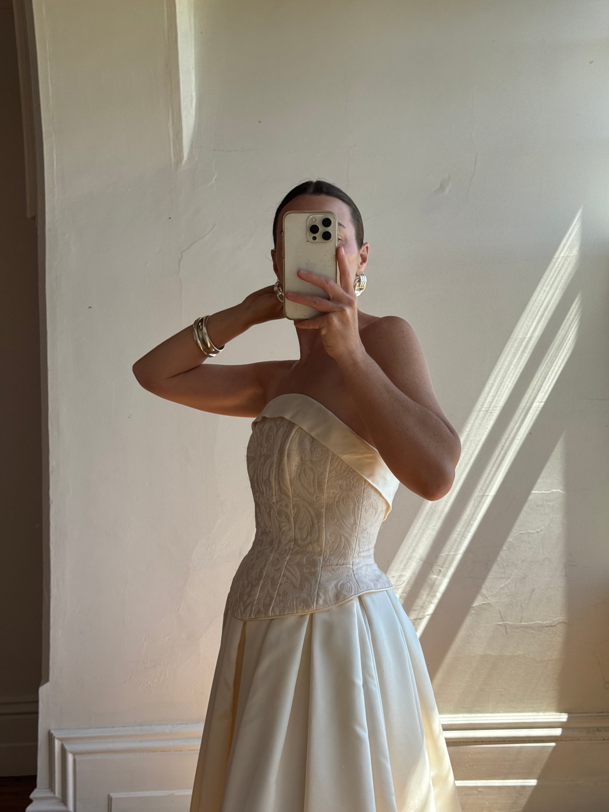 Vintage 90s Princess Brocade Champagne Wedding Gown