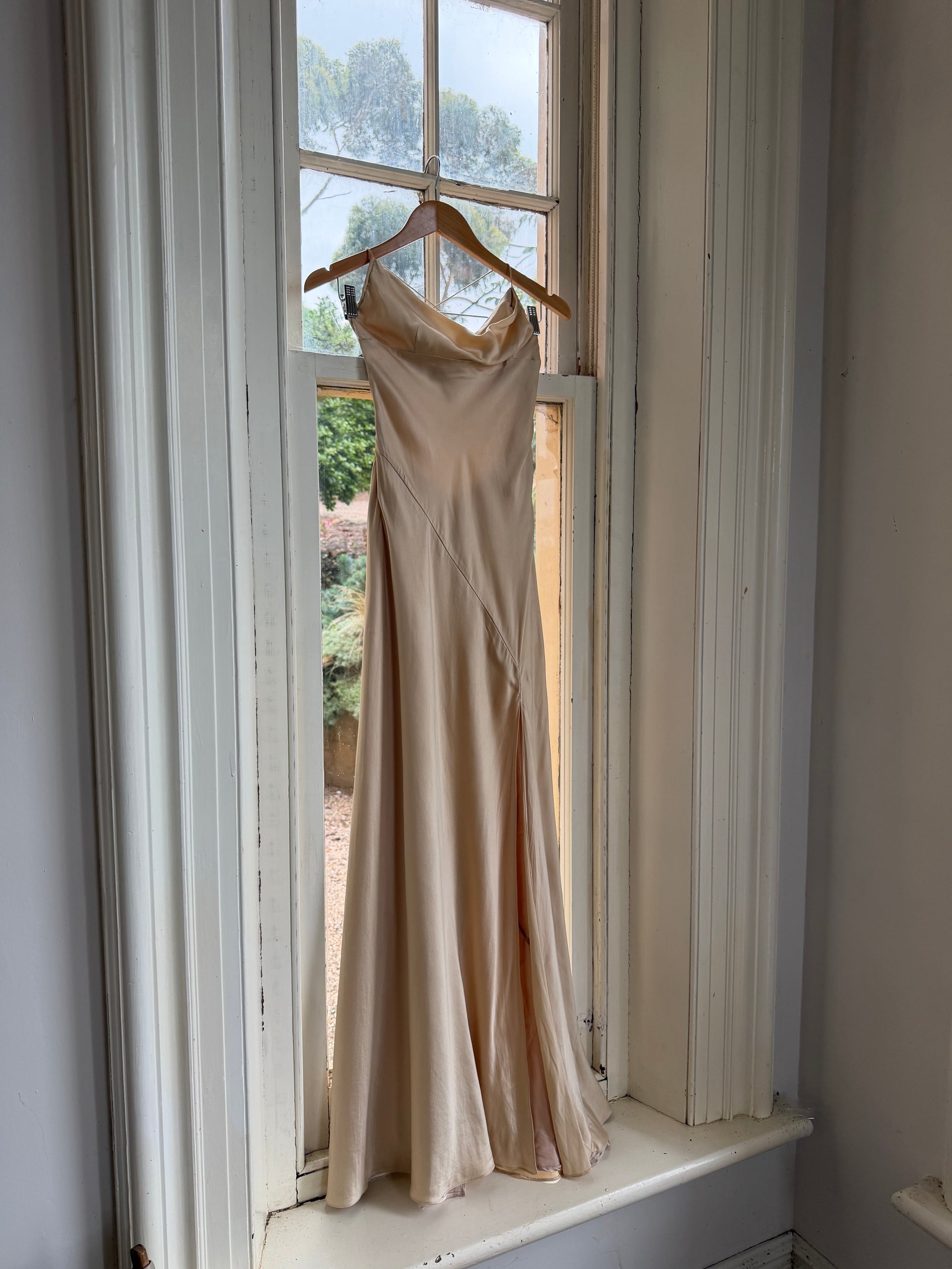 Vintage 90s Pure Silk Bias Cut Split Gown Champagne