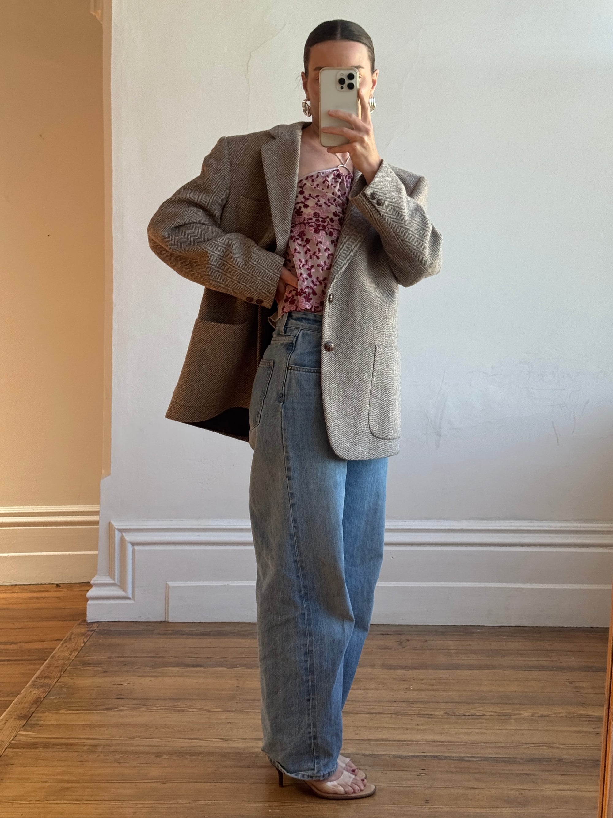 Vintage 60s Wool Plaid Blazer Brown Herringbone