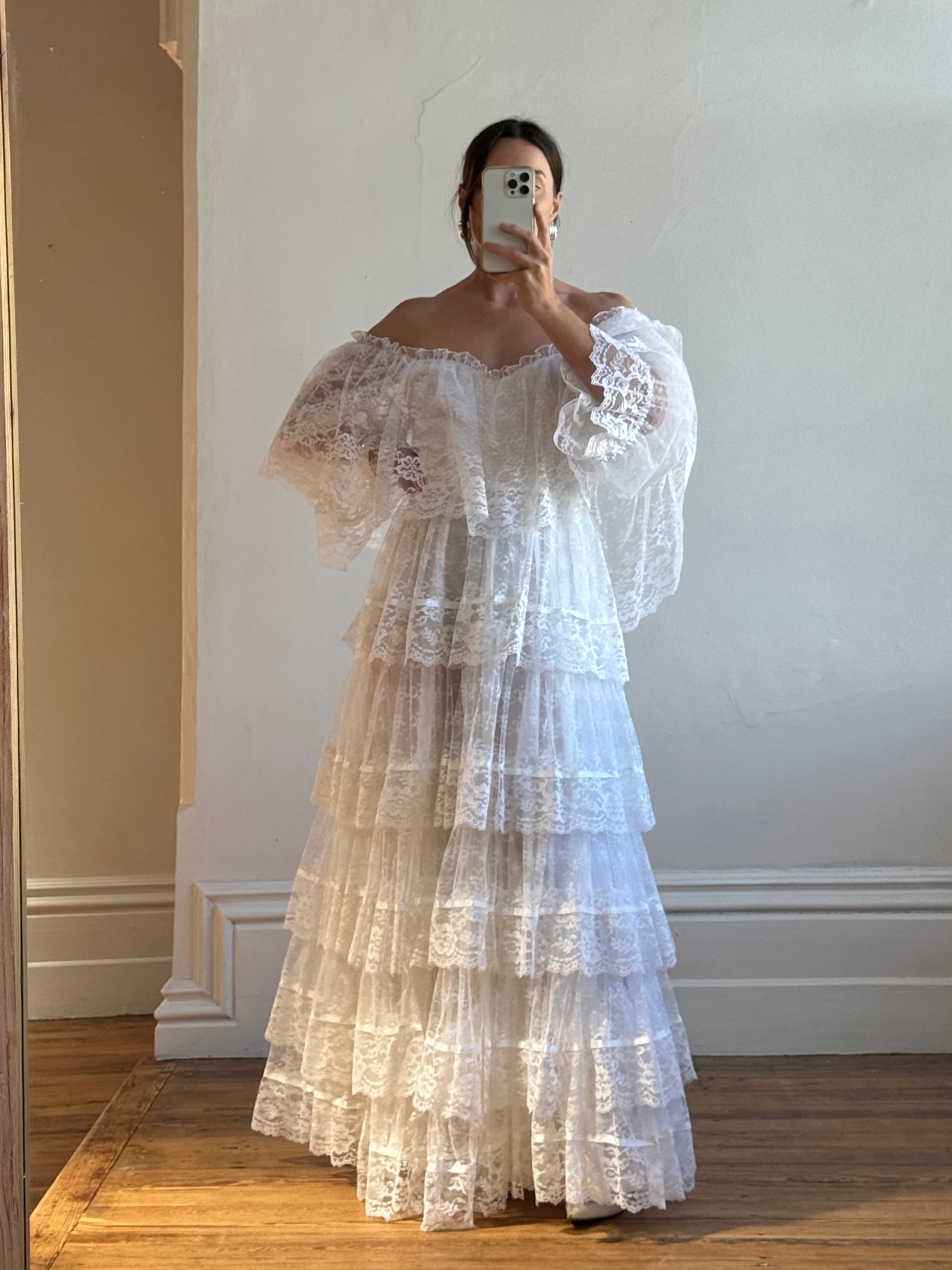 Vintage 70s Tiered Lace Ruffle Wedding Gown