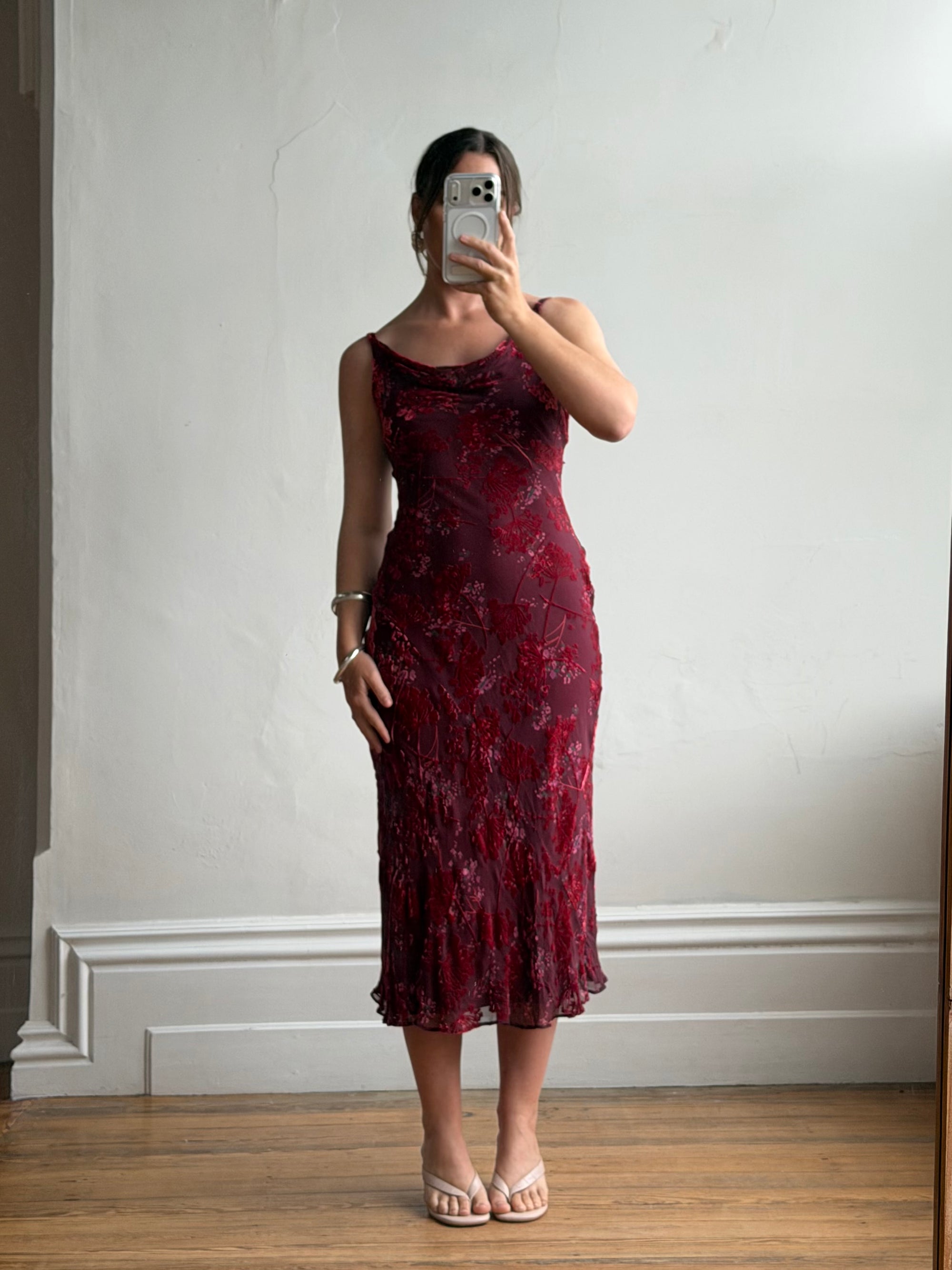 Vintage 90s Burnt Velvet Cowl Neck Dress Plum