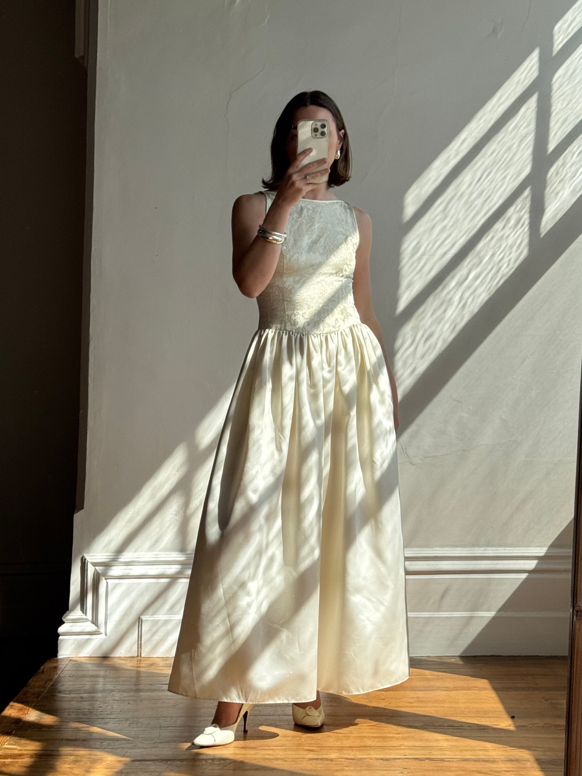 Vintage 90s Brocade High Front Satin Wedding Gown Champagne