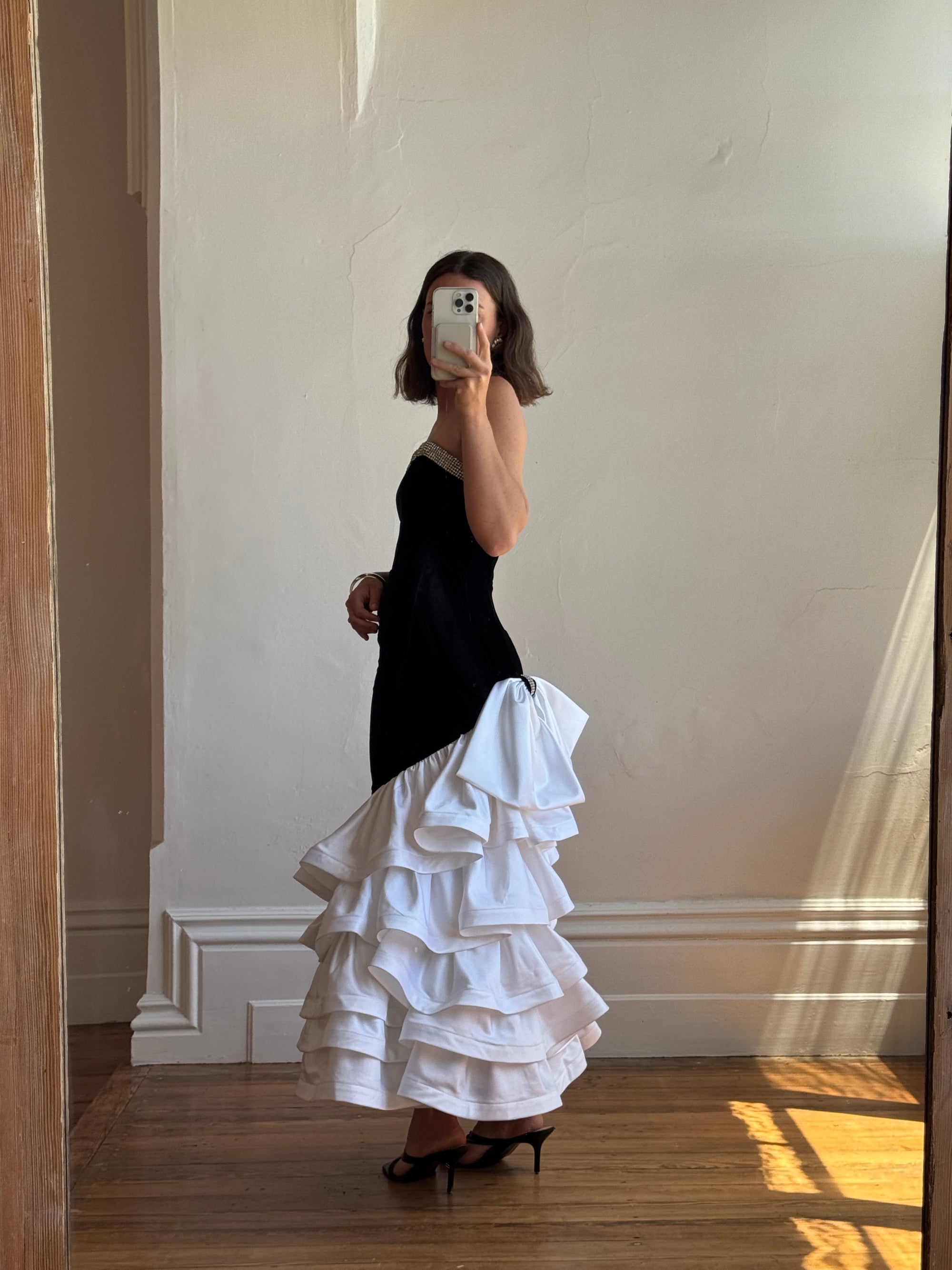 Vintage 80s Union Made Velvet Fishtail Ruffle Gown With Rhinestones