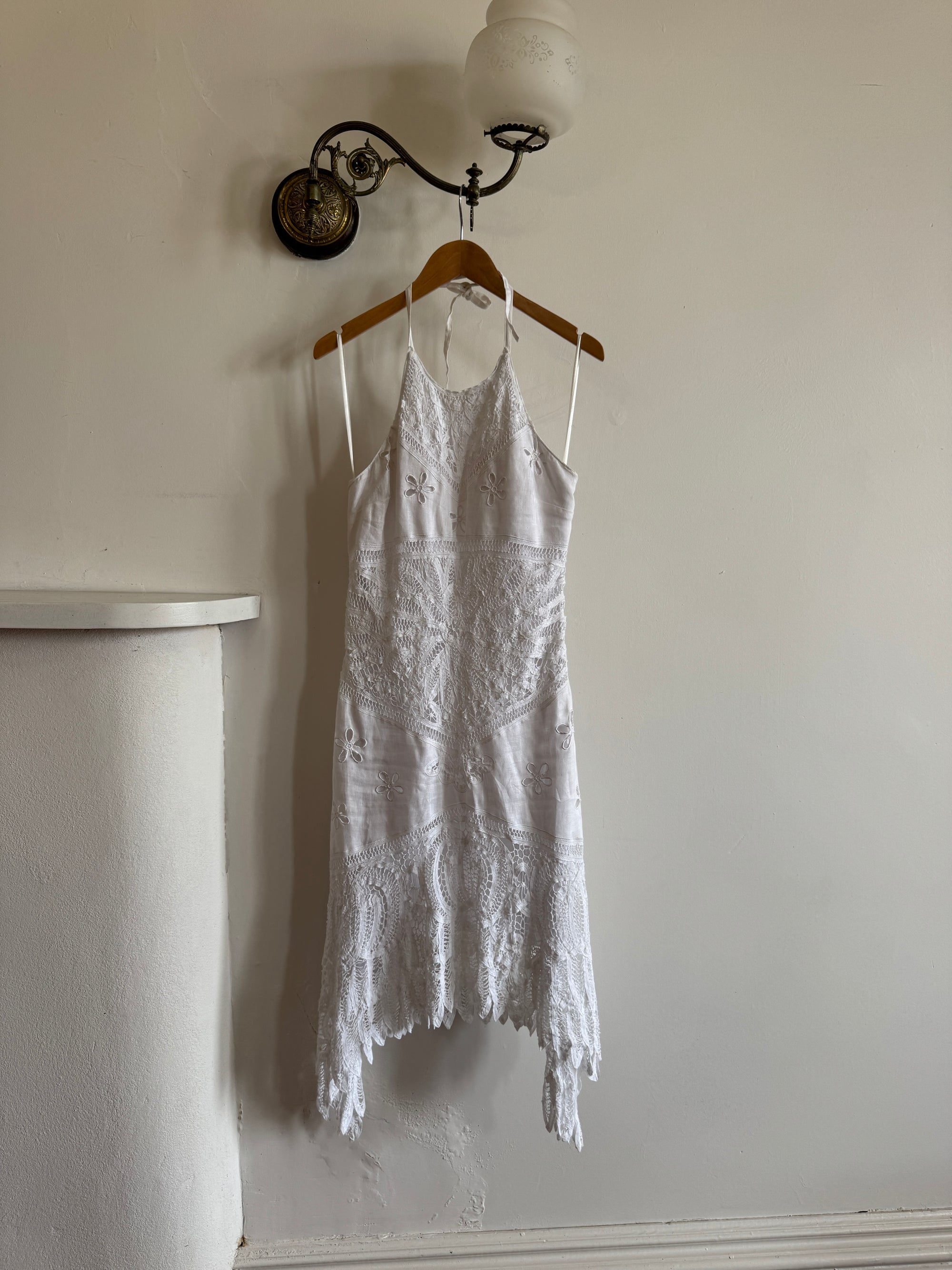 Vintage 90s Crochet Linen Handkerchief Halter Dress