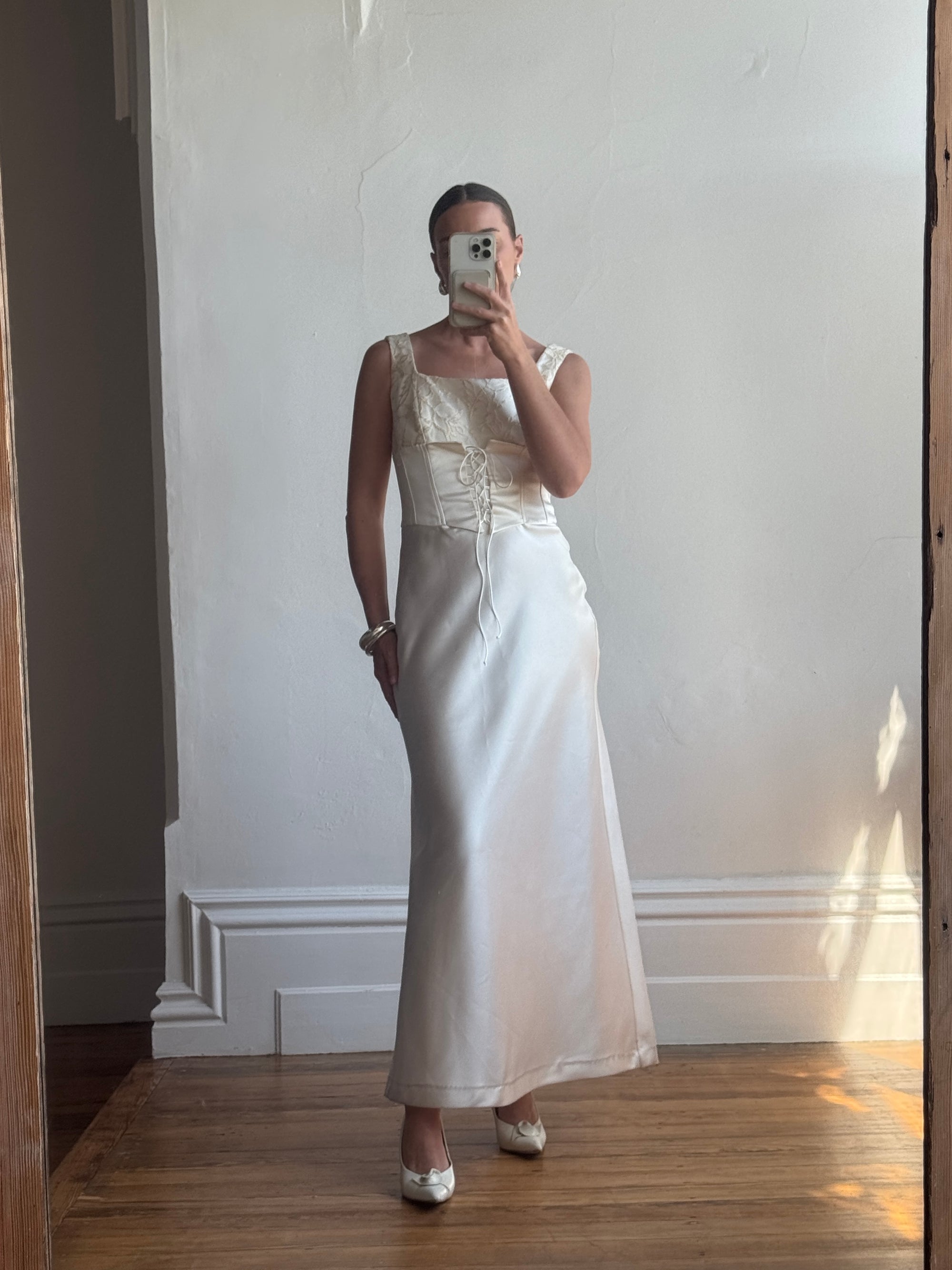 Vintage 90s Lace Up Waist Satin Column Wedding Dress