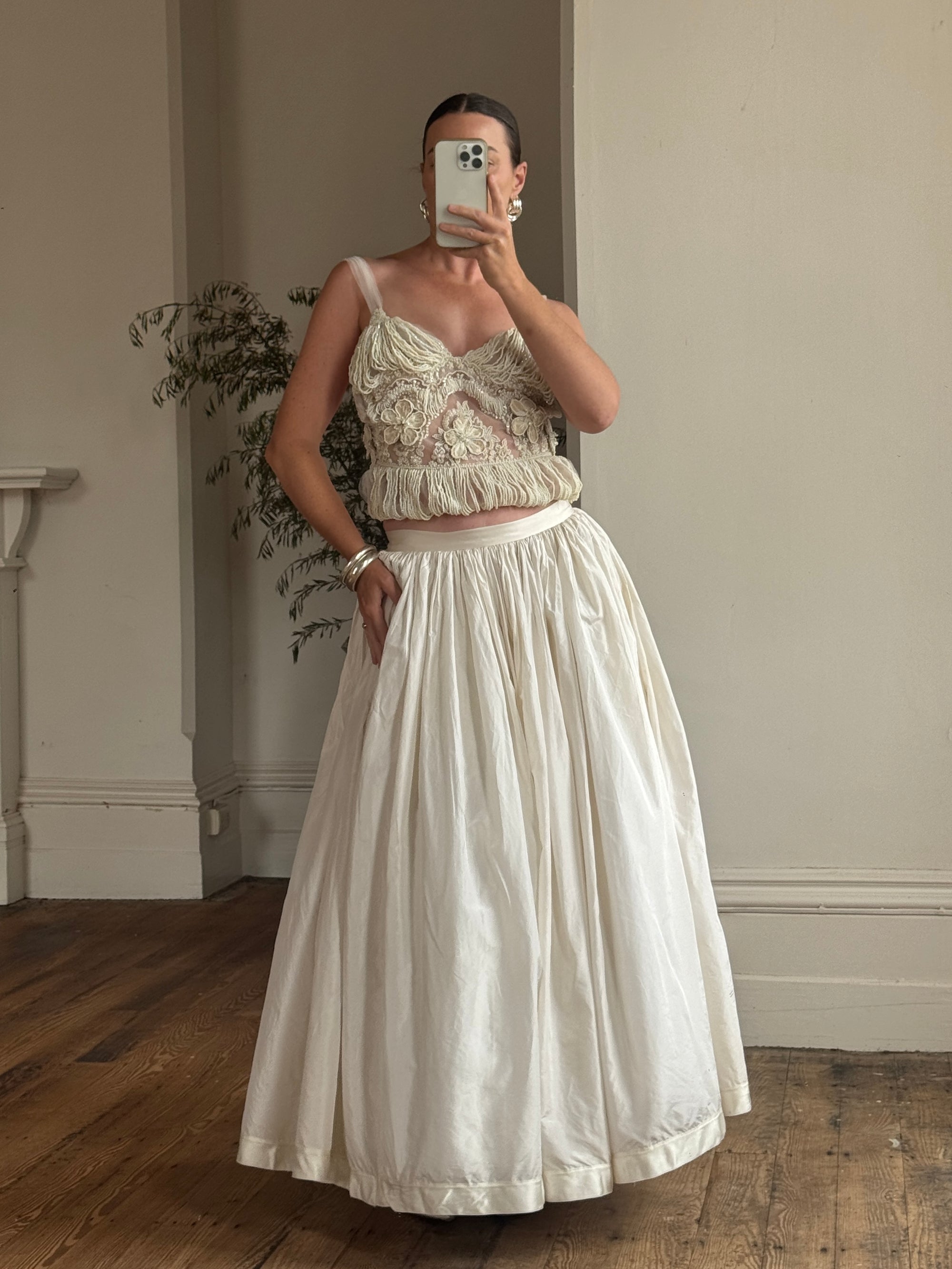 Vintage 90s Two Piece Tulle Beaded Top and Princess Silk Satin Skirt