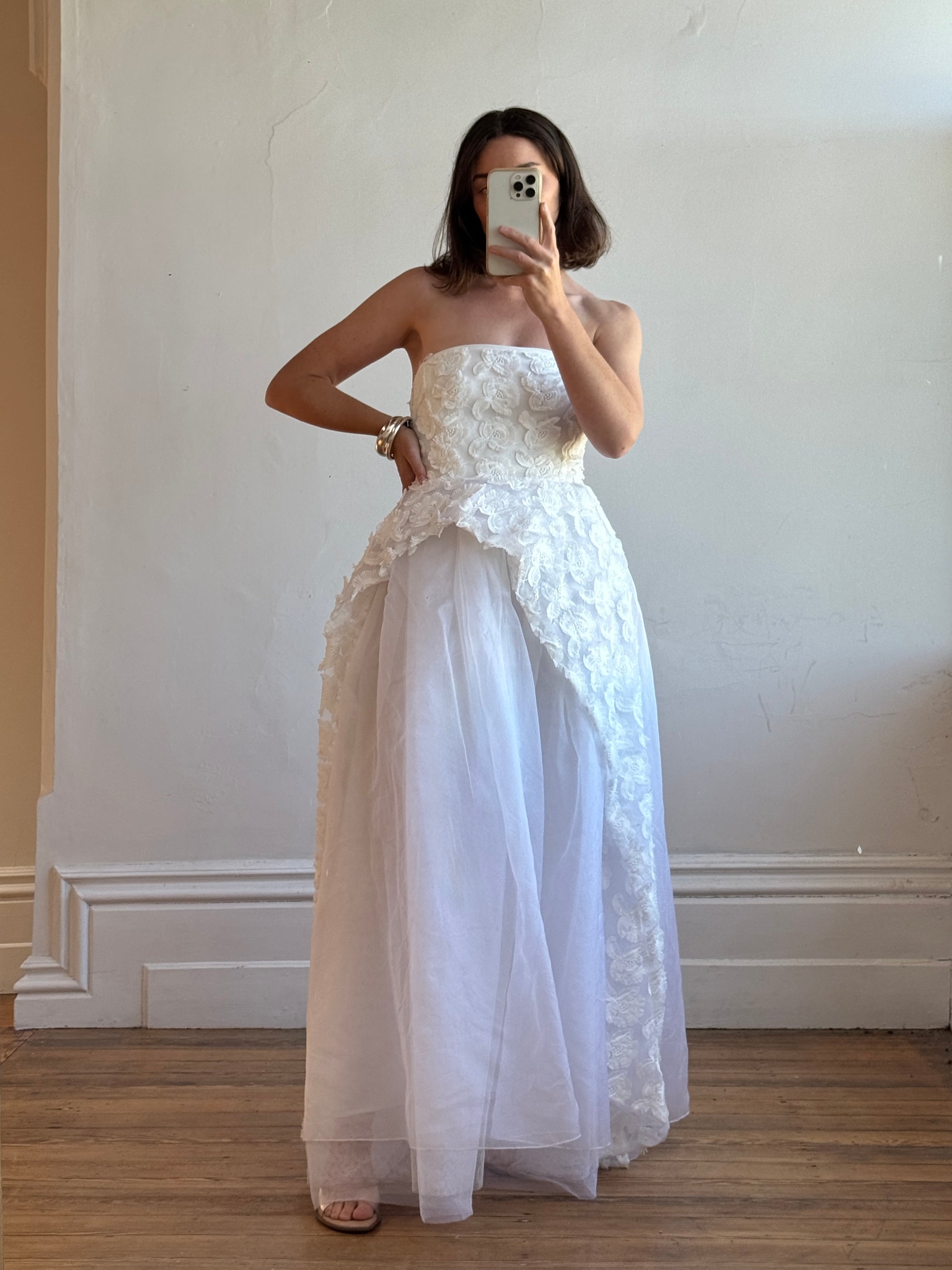 Vintage Y2K Strapless 3D Abstract Floral Wedding Gown
