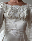 Vintage 60s Satin Jacquard Embellished Wedding Gown Ivory