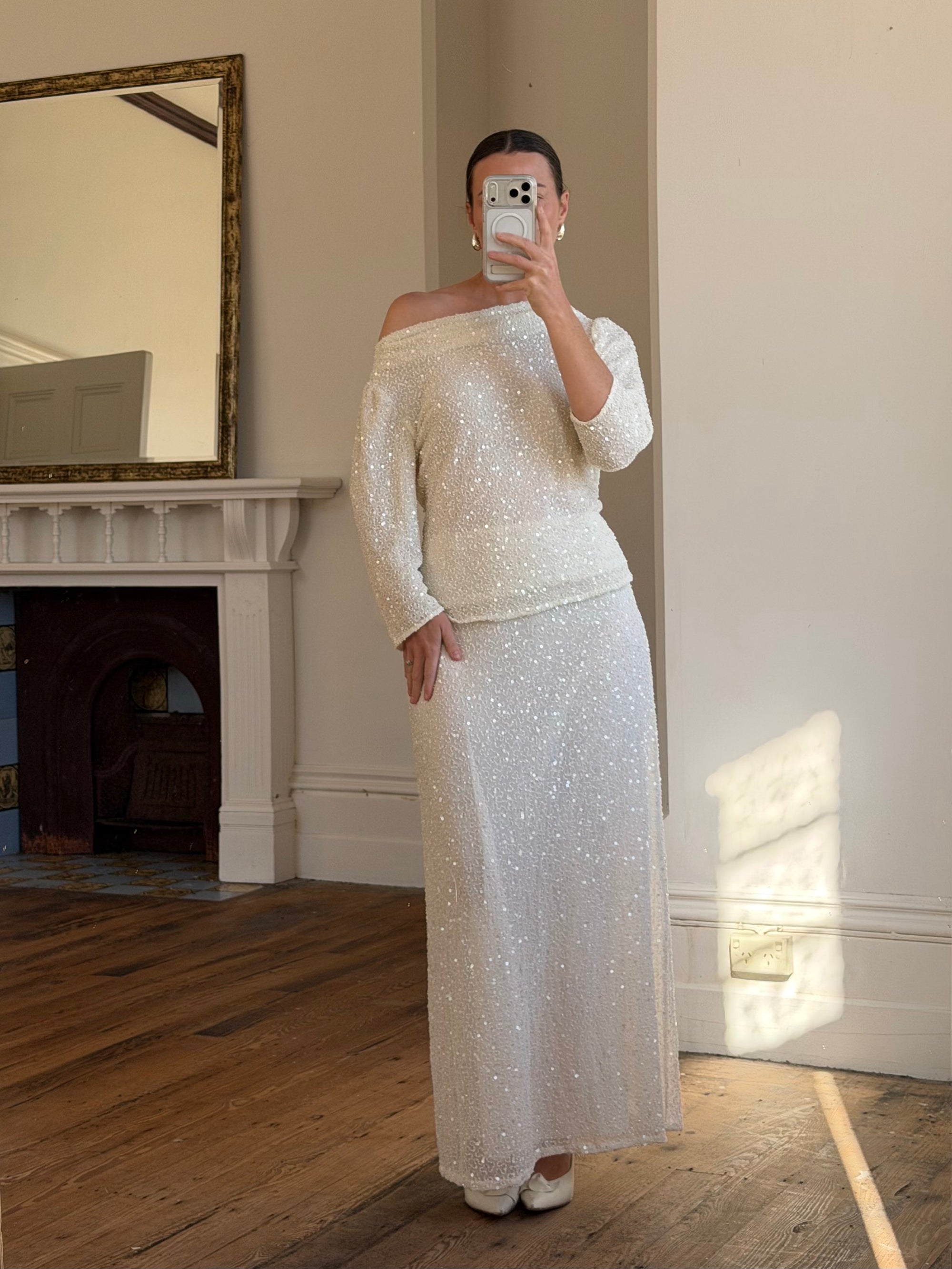 Vintage 80s Sequin Pure Silk Two Piece Bridal Set