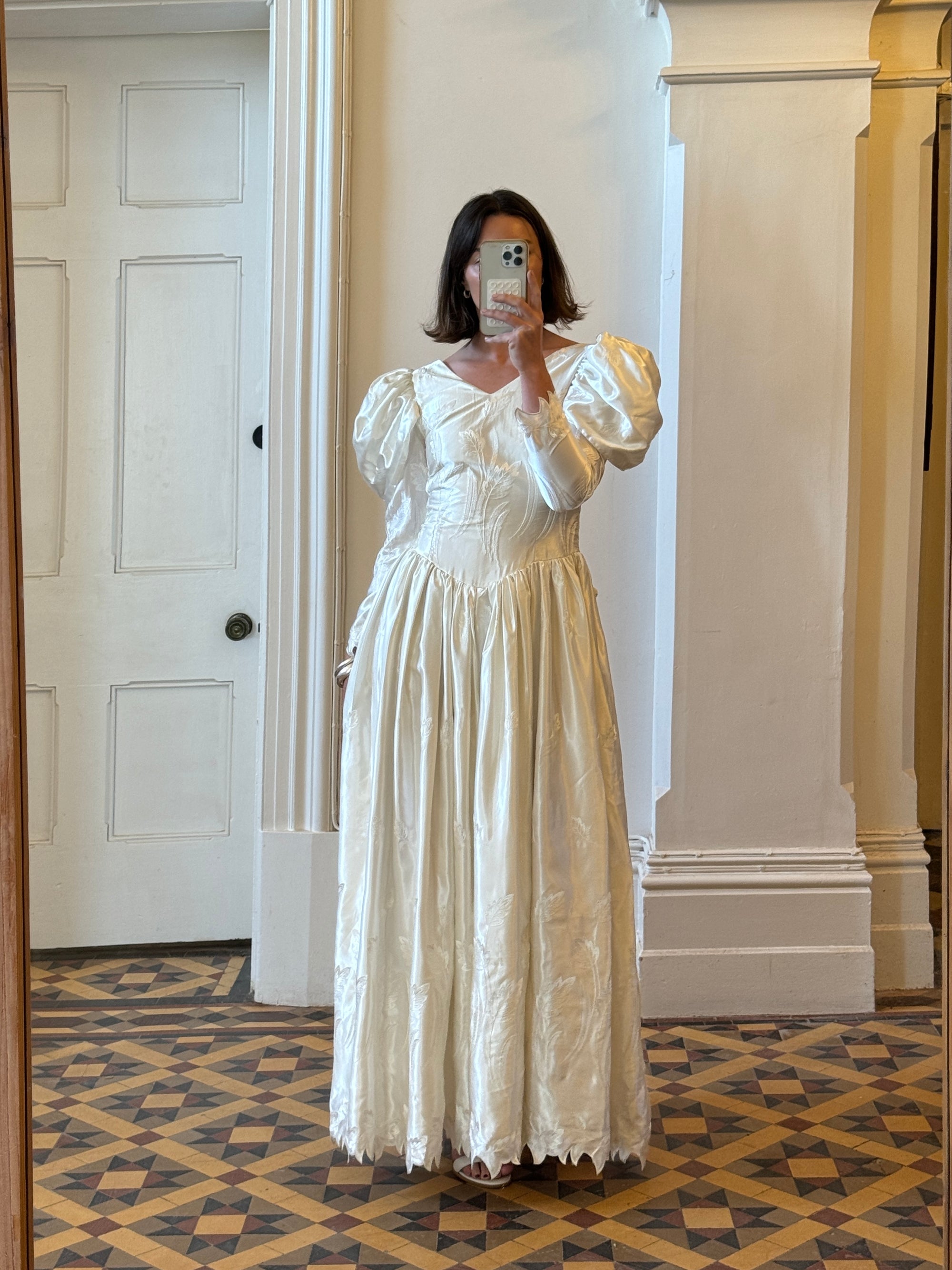 Vintage 80s Puff Sleeve Vine Satin Wedding Gown