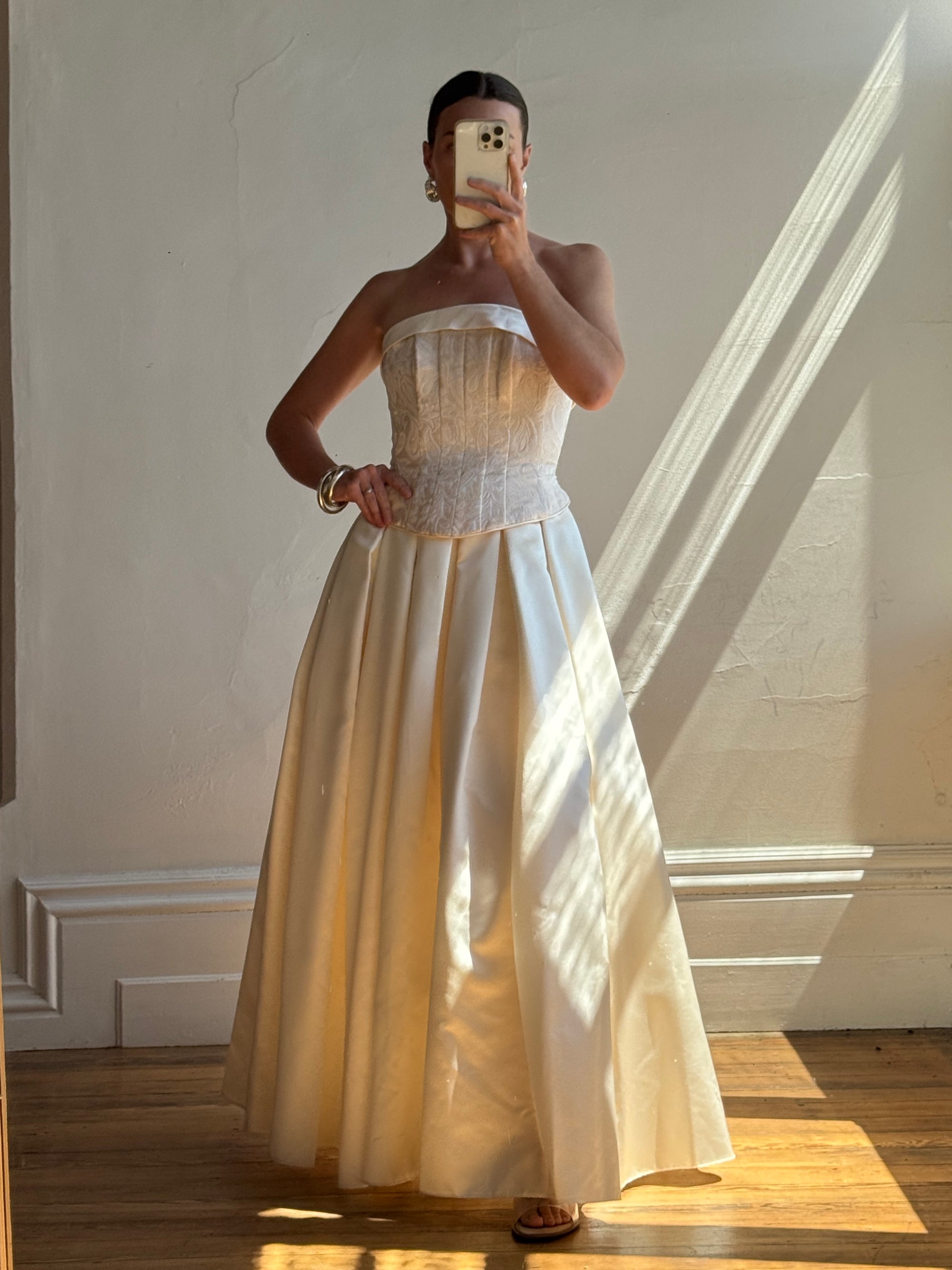 Vintage 90s Princess Brocade Champagne Wedding Gown