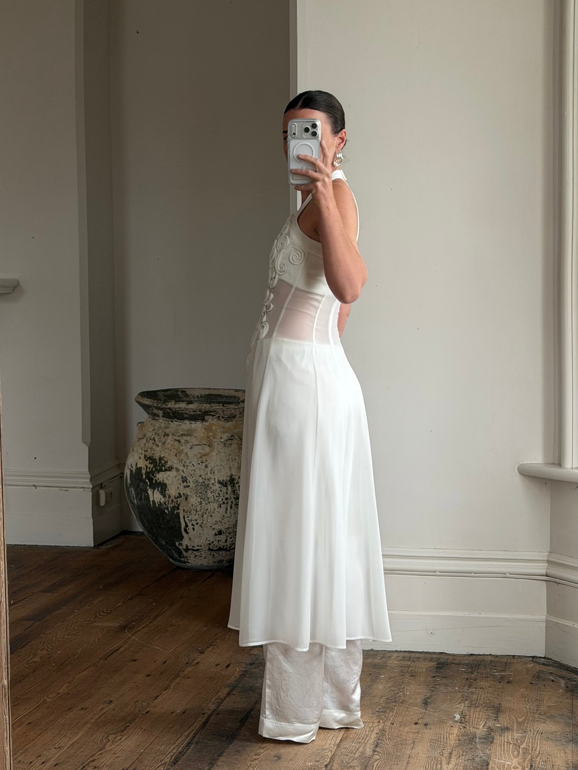 Vintage 90s Daisy Sheer Halter Midi Dress White